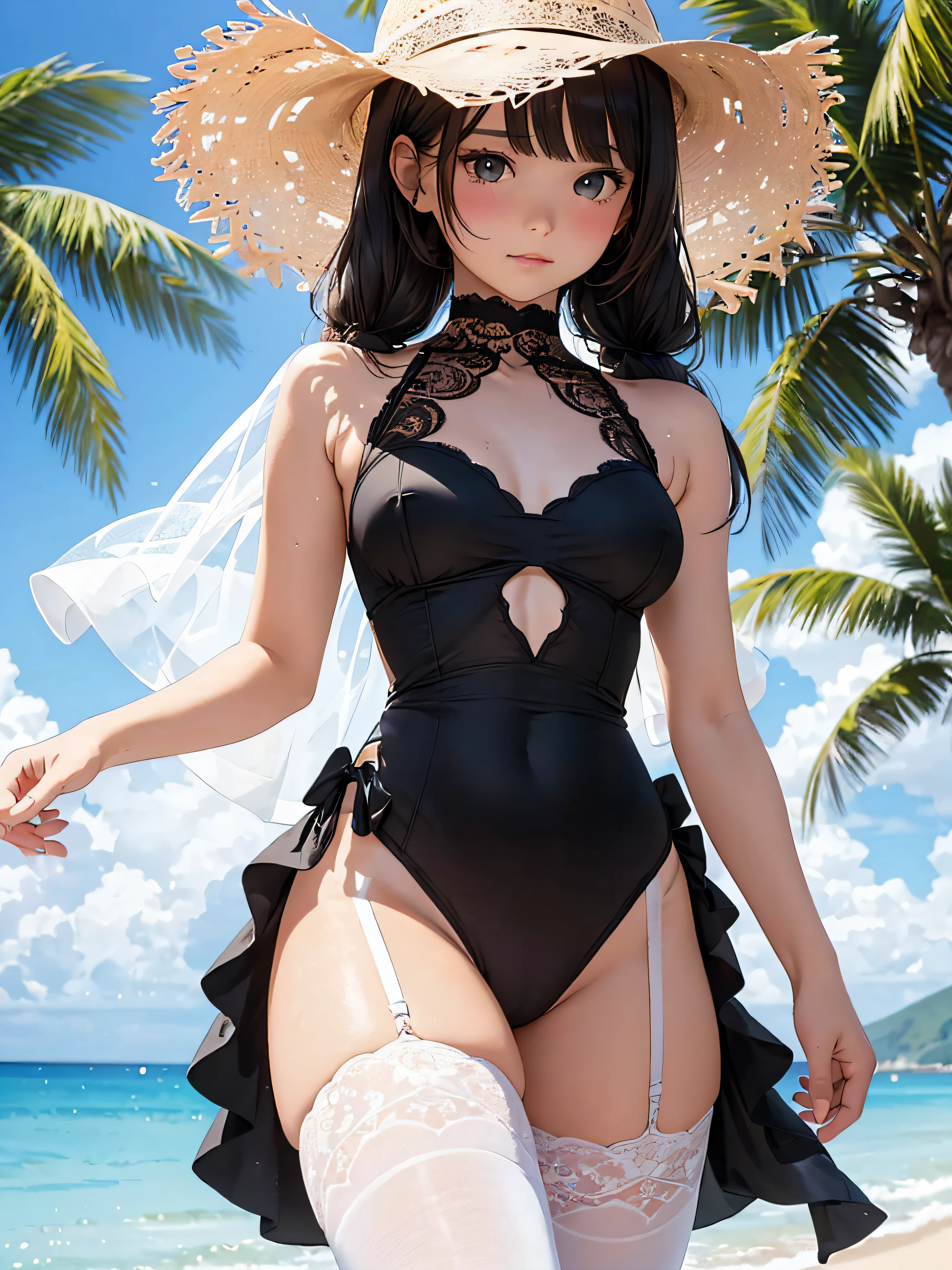 sun, sandy, vague, detailed background, sunshine, coconut tree, sunny, (see-through silhouette: 1.8), cowboy shot, perfect, (RAW photo, top quality, 1), ultra high resolution, (realistic,,、 photorealistic: 1.75), one young girl wearing small breasts ((translucent one of white lace -)), watch the viewer, bottomless, (wet body), Curved thighs, (Arm up: 1.1)), (transparent silhouette: 1.4)), (ultra-detailed eyes, clear silhouette, big eyes, (ultra-thin body: 1.2), skin dentation, (twin) tail: 1.0), ((long)), (lace choker), blush face, seductive vision, blush face, ((lace white knee-length stockings)), ultra detailed lace, detail ruffles, perfect detail face、