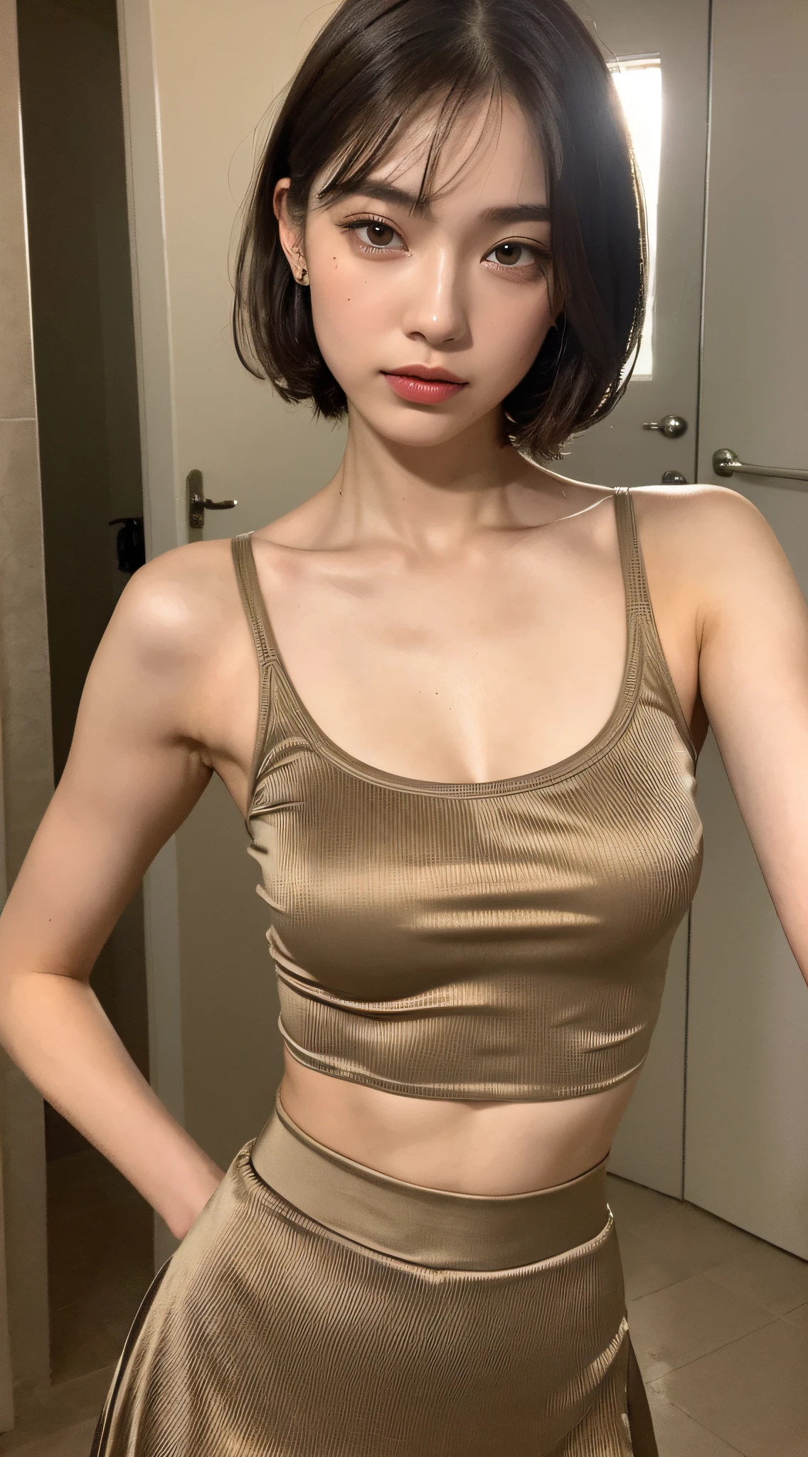 ((Night, Real Light, Top Quality, 8k, Masterpiece: 1.3)), 1 girl, Slender Figure: 1.4, Abs: 1.1, (Brown hair, Small: 1.3), Wet silky dress: 1.2, Bathroom, Ultra detailed face, Detailed eyes, Double eyelids, Short hair, Pleated skirt, Tight and viscous crop top, Tank top, Camisole
