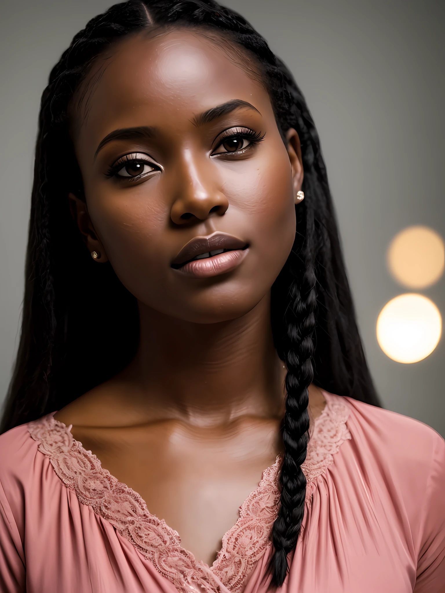 close up of a black 27 year old woman in luxurious art studio, dressed in light baby pink blouse, braided hair, Equatorial forest, ebony-esque, natural african clear smooth skin texture, 24mm, 4k textures, soft cinematic light, RAW photo, photorealism, photorealistic, intricate, elegant, highly detailed, sharp focus, ((((cinematic look)))), soothing tones, insane details, intricate details, hyperdetailed, low contrast, soft cinematic light, dim colors, exposure blend, hdr, faded