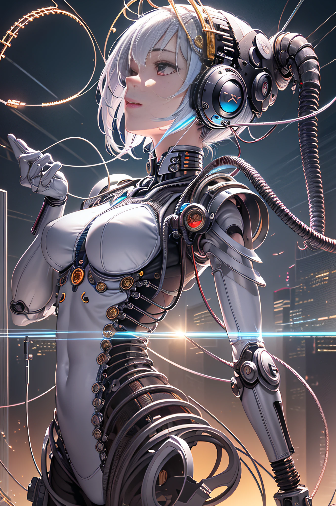 (((masterpiece))), (((best quality))), ((ultra-detailed)), (highly detailed CG illustration), ((an extremely delicate and beautiful)),cinematic light,((1mechanical girl)),solo,(cowboy shot:1.2),(machine made joints:1.2),((machanical limbs)),(blood vessels connected to tubes),(mechanical vertebra attaching to back),((mechanical cervial attaching to neck)),expressionless,(wires and cables attaching to neck:1.2),(wires and cables on head:1.2),(character focus),science fiction,extreme detailed,colorful,highest detailed, loongs,fengs,background,