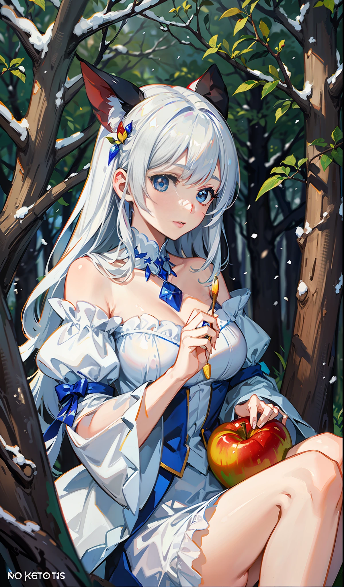 Snow White, in the forest, holding an apple