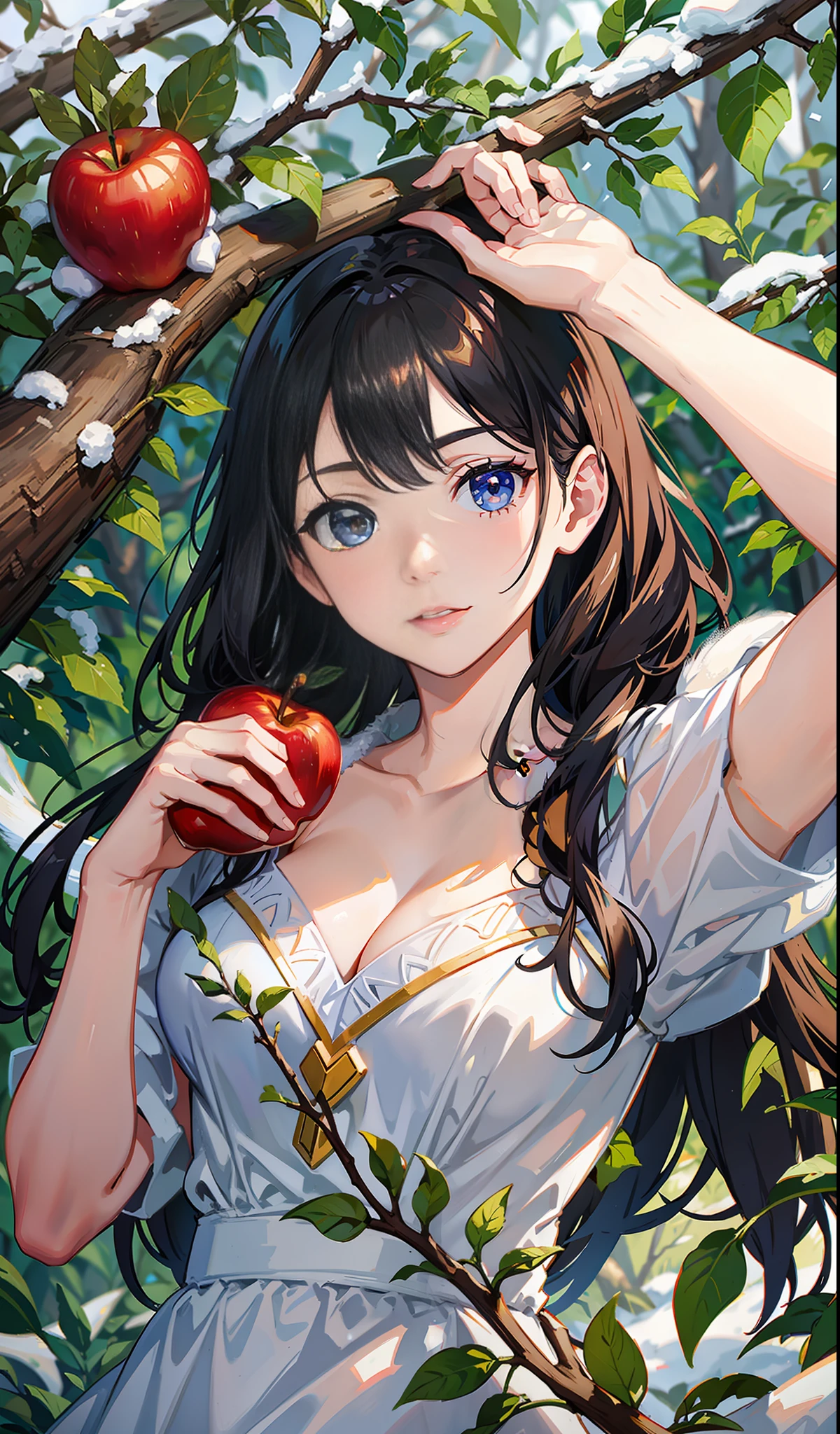 Snow White, in the forest, holding an apple