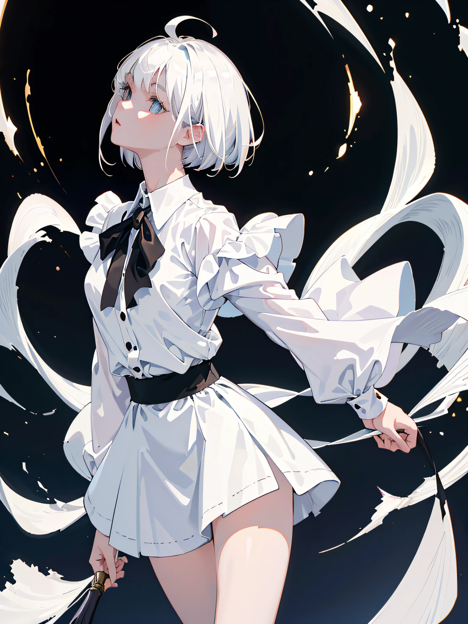 ((masterpiece, best quality)), (1girl), (solo), (female focus), (ahoge, white hair, short hair), black eyes, ((white shirt), (buttoned shirt)), ((black skirt), (short skirt)), standing, white background, behind arms,
