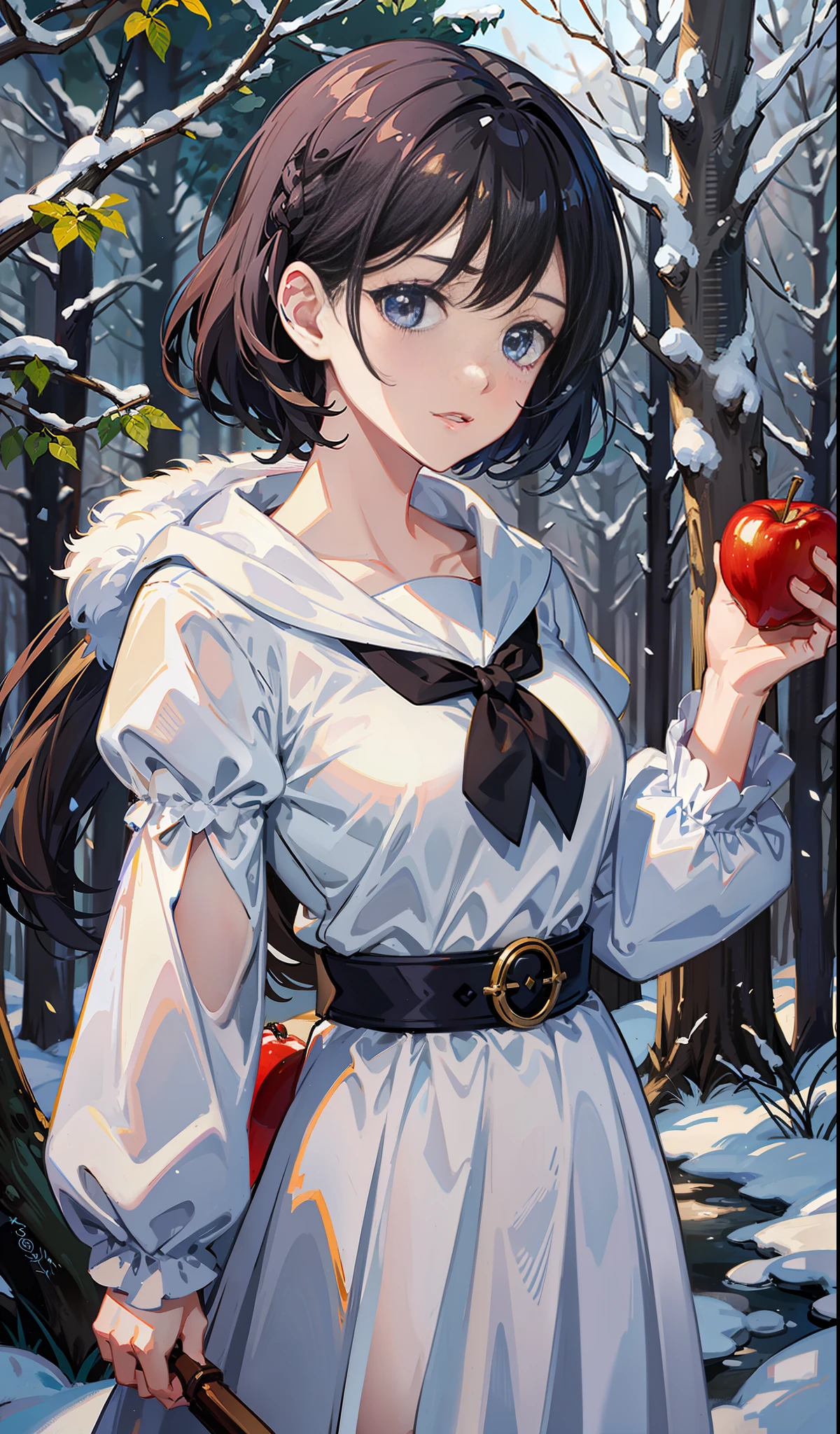 Snow White, in the forest, holding an apple