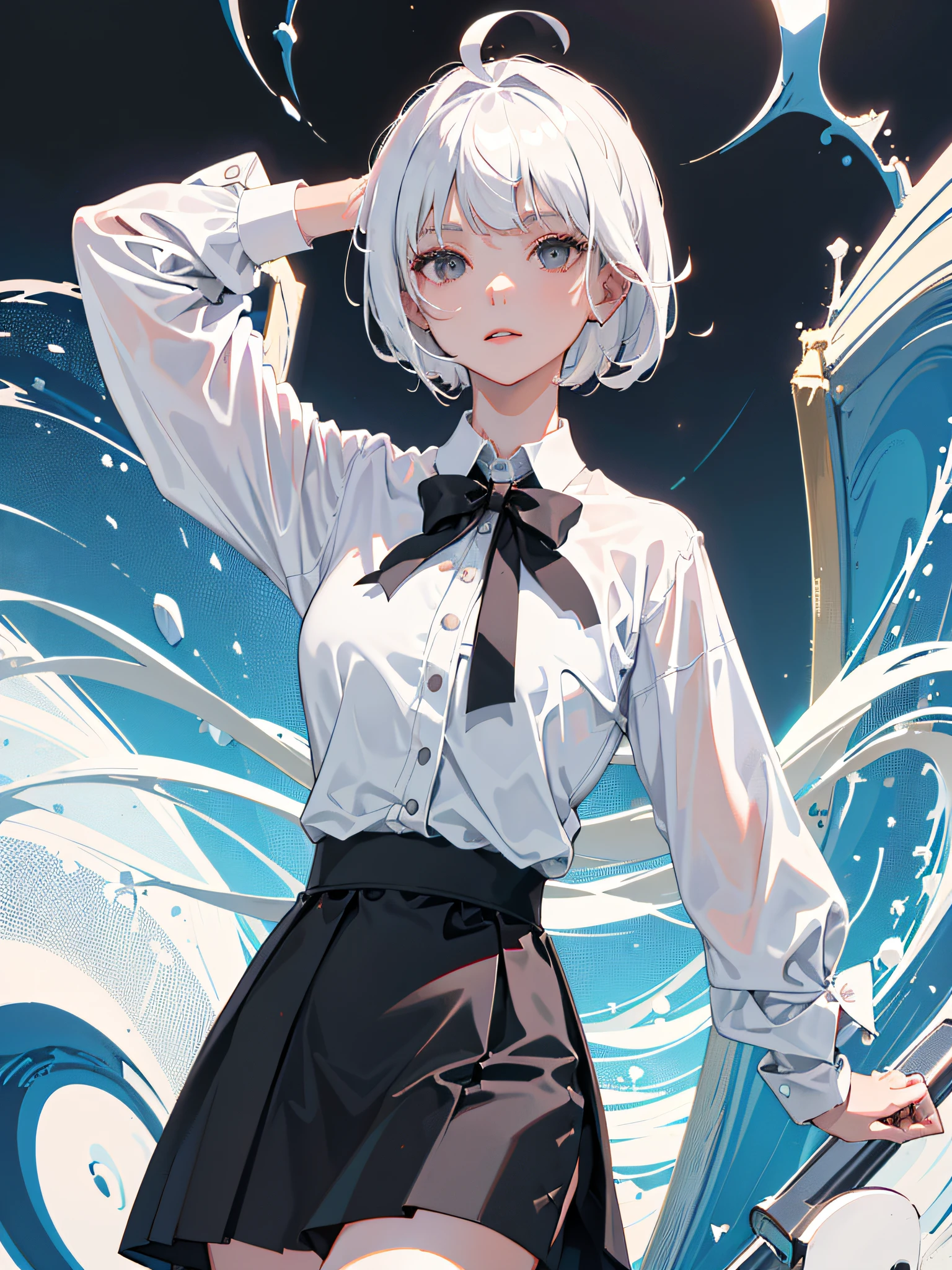 ((masterpiece, best quality)), (1girl), (solo), (female focus), (ahoge, white hair, short hair), black eyes, ((white shirt), (buttoned shirt)), ((black skirt), (short skirt)), standing, white background, behind arms,