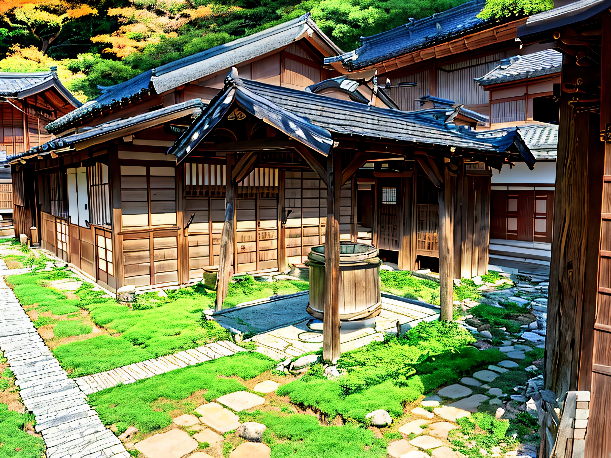 Line art, anime background, daytime, ground is dirt, no pines, there is a well in the middle of the earthen garden, inn and Edo period house, Edo period house in the background, Japan rural town, Japan village, Japan countryside, feudal Japan setting, Edo period, ancient Japan architecture, Edo Japan, Edo period, Edo style, Japan town