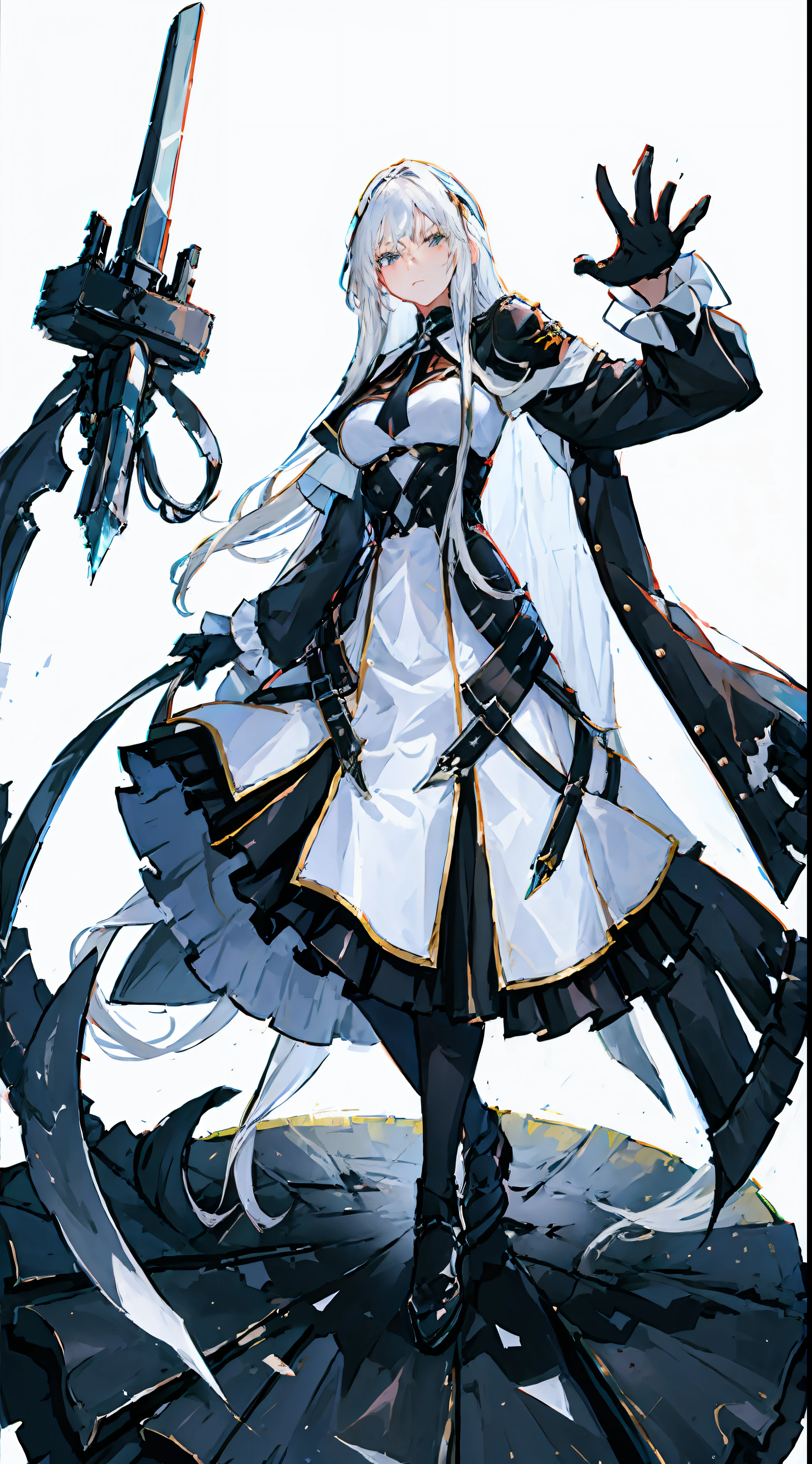 1girl, solo, (8k, best quality, masterpiece: 1.37), anime character with white hair and black gloves holding a sword, white hair god, white hair, showing a man with a sword. She was in a glass bottle, glaring angrily out, he had long silver hair and a black fabric mask. He wears a traditional martial arts-style full-body outfit, similar to a comic-style painting, he wears shiny armor with a fierce expression. He has a white veil in front of him to cover his chest, white hair, detailed anime character art, ark night, anime characters, anime character art