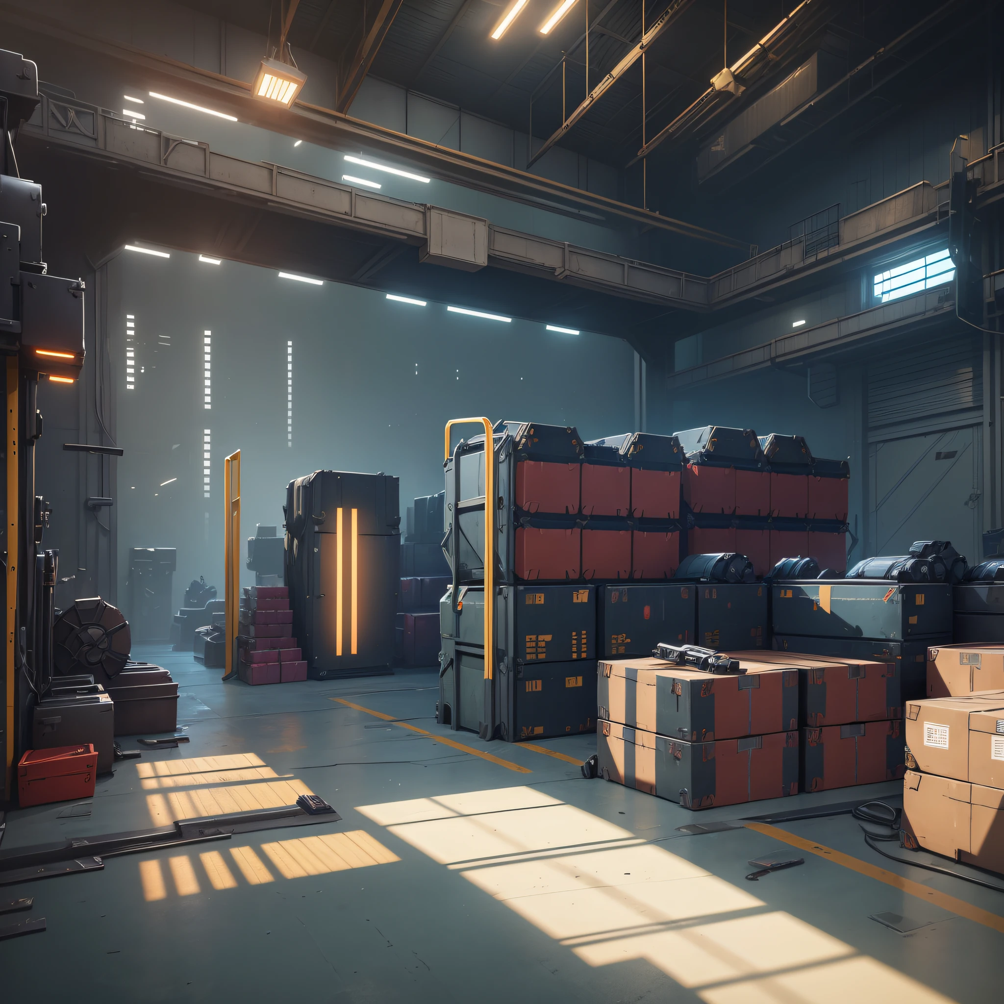 Inside the factory has boxes, factory background, interior lights, no sunlight, no sunlight, Overwatch building, [[empty factory]] background, interior background art, dark hangar background, weapon shop interior, random background scene, background art, secret shady lab, Overwatch design, EVA Unit-00 in the back, mirror edge art style, --auto --s2