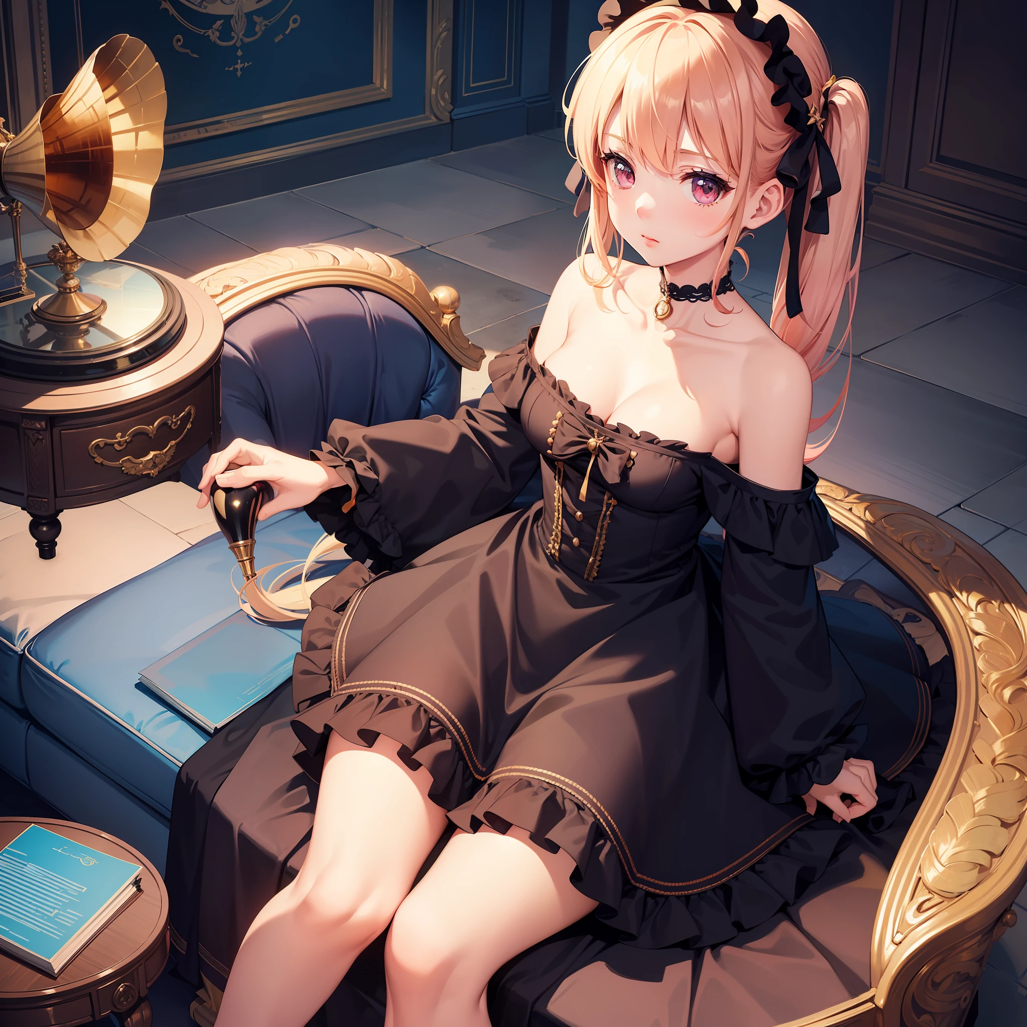 1girl, solo, full body, (masterpiece:1.21), (best quality:1.2), colorful, (illustration:1.2), (cinematic lighting:1.1), (bare shoulders:1.21), (collarbone:1.21) Room in the background, sofa, gramophone, in Lolita dress, seductive, The feeling of first love