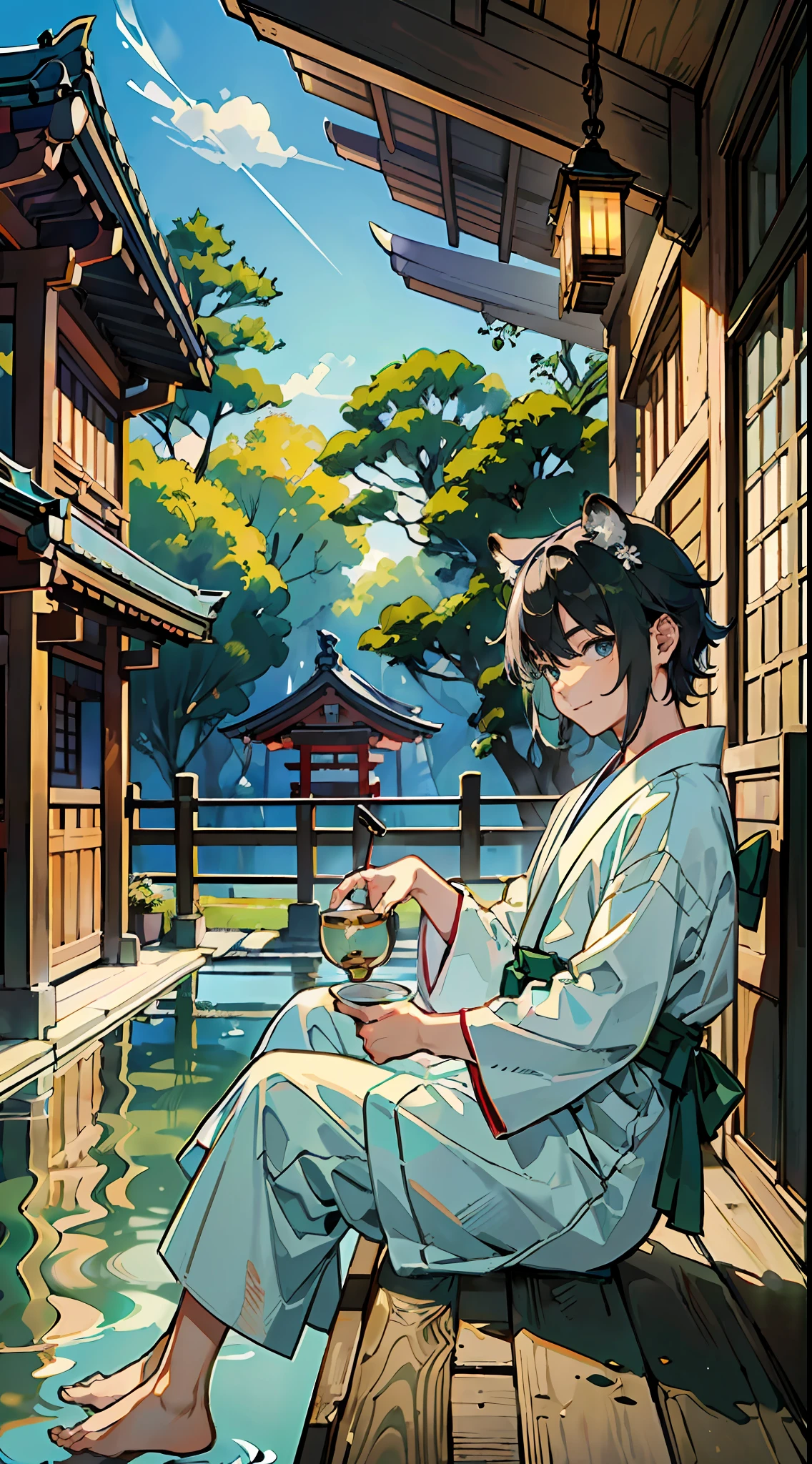 ((Masterpiece: 1.4, best quality)), one boy, green and short hair and eyes, (Japan priesthood, white and light blue hakama: 1.3), gentle smile, raccoon dog ears and tail, sitting on the porch and drinking tea, the background is a temple in Kyoto.