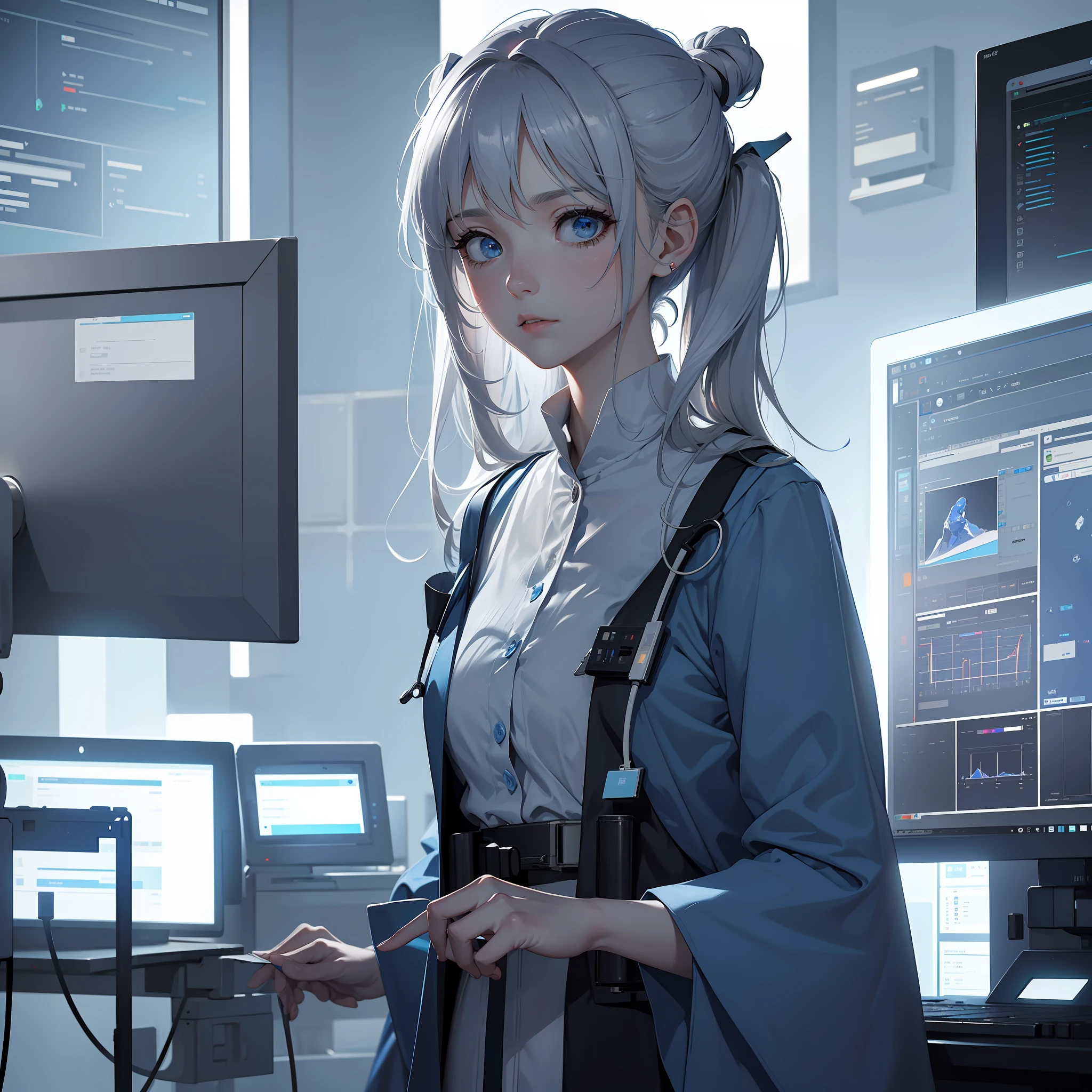 Masterpiece, (best quality), super detailed, 1 female doctor, frail, haggard face, a bright system screen beside her, recording her body information and other data, (blue: 0.8), (gray: 0.6), (white: 0.4), (despair: 1.5), (mysterious: 1.2), (system: 1.8), (contrast: 1.5)