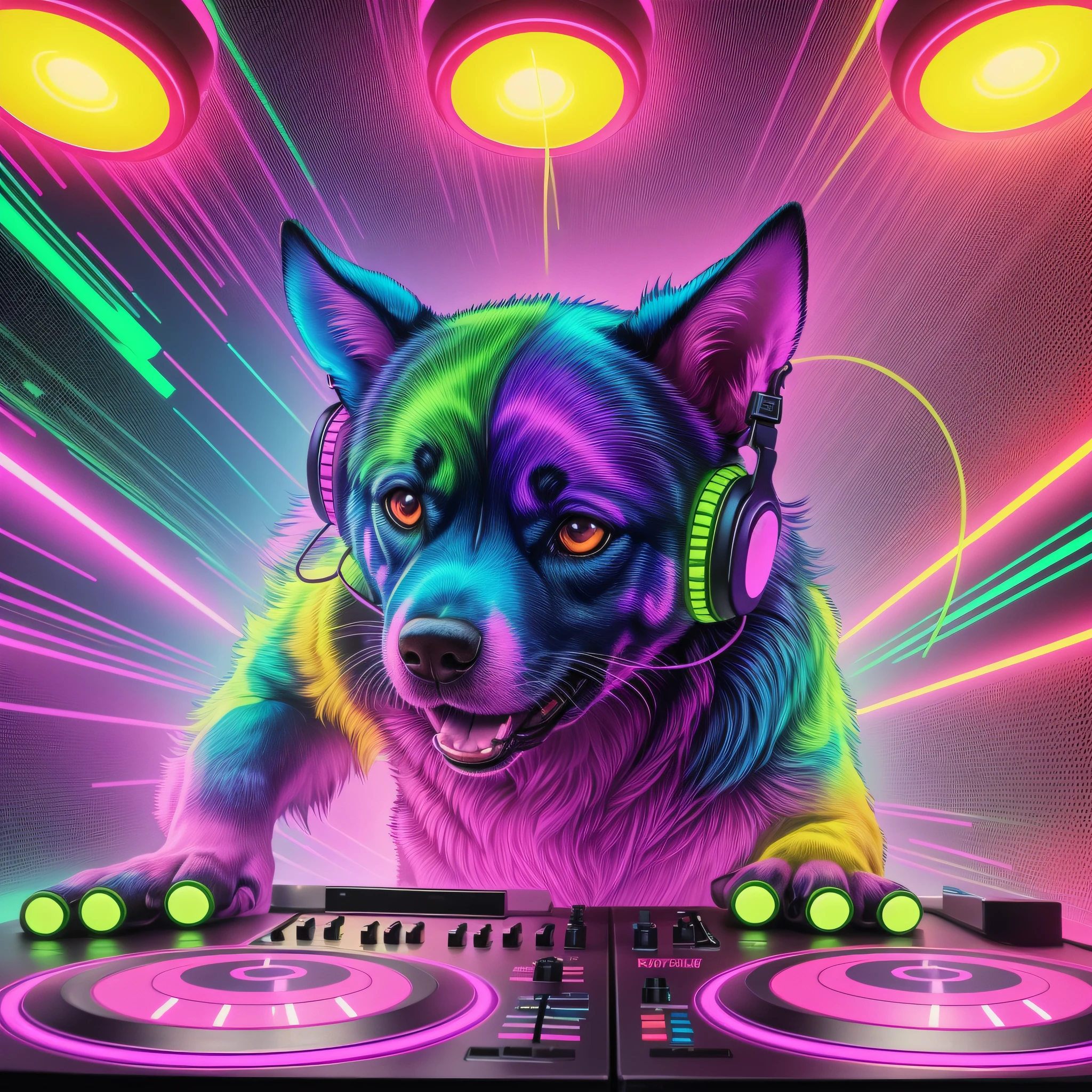 (best quality, high resolution) "Dog is a DJ" in neon lights, (vibrant colors, glowing effects), a cool and funky dog wearing DJ headphones and spinning on the turntables, with a lively crowd dancing and enjoying the music in the background. --auto --s2