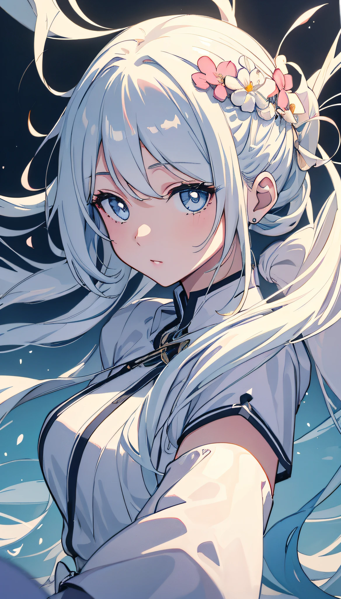 Artwork, 8k! animated illustrations, masterpieces, highly detailed 8k CG unit wallpapers, bright incredible colors, white hair, wearing a simple sensual blouse, almost transparent, her gaze is focused on the viewer, the background of the beautiful room landscape, the calm soft and simple light on the face of a beautiful girl. (Masterpiece), (Best Quality), (Super Detail), (disheveled Hair), (Illustration), (One Girl), (Fashionable Clothes), Standing, Fashion Model, Beholder, (Interview), (Simple Background), Finely Beautiful Eyes, Delicate Beautiful Face, Floating, (High Saturation), (Colorful Water Splash), Colorful Bubble, (Shine), Focus on Face, Ponytail, Ayaka Kamisato, light blue hair, bangs, hair rings, floating flowers, floating hairs, (shining), best lighting, best shadows,