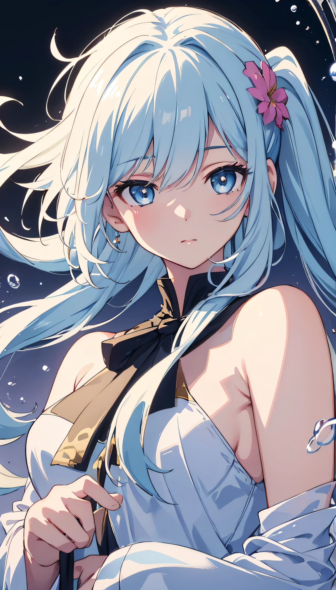 Artwork, 8k! animated illustrations, masterpieces, highly detailed 8k CG unit wallpapers, bright incredible colors, white hair, wearing a simple sensual blouse, almost transparent, her gaze is focused on the viewer, the background of the beautiful room landscape, the calm soft and simple light on the face of a beautiful girl. (Masterpiece), (Best Quality), (Super Detail), (disheveled Hair), (Illustration), (One Girl), (Fashionable Clothes), Standing, Fashion Model, Beholder, (Interview), (Simple Background), Finely Beautiful Eyes, Delicate Beautiful Face, Floating, (High Saturation), (Colorful Water Splash), Colorful Bubble, (Shine), Focus on Face, Ponytail, Ayaka Kamisato, light blue hair, bangs, hair rings, floating flowers, floating hairs, (shining), best lighting, best shadows,