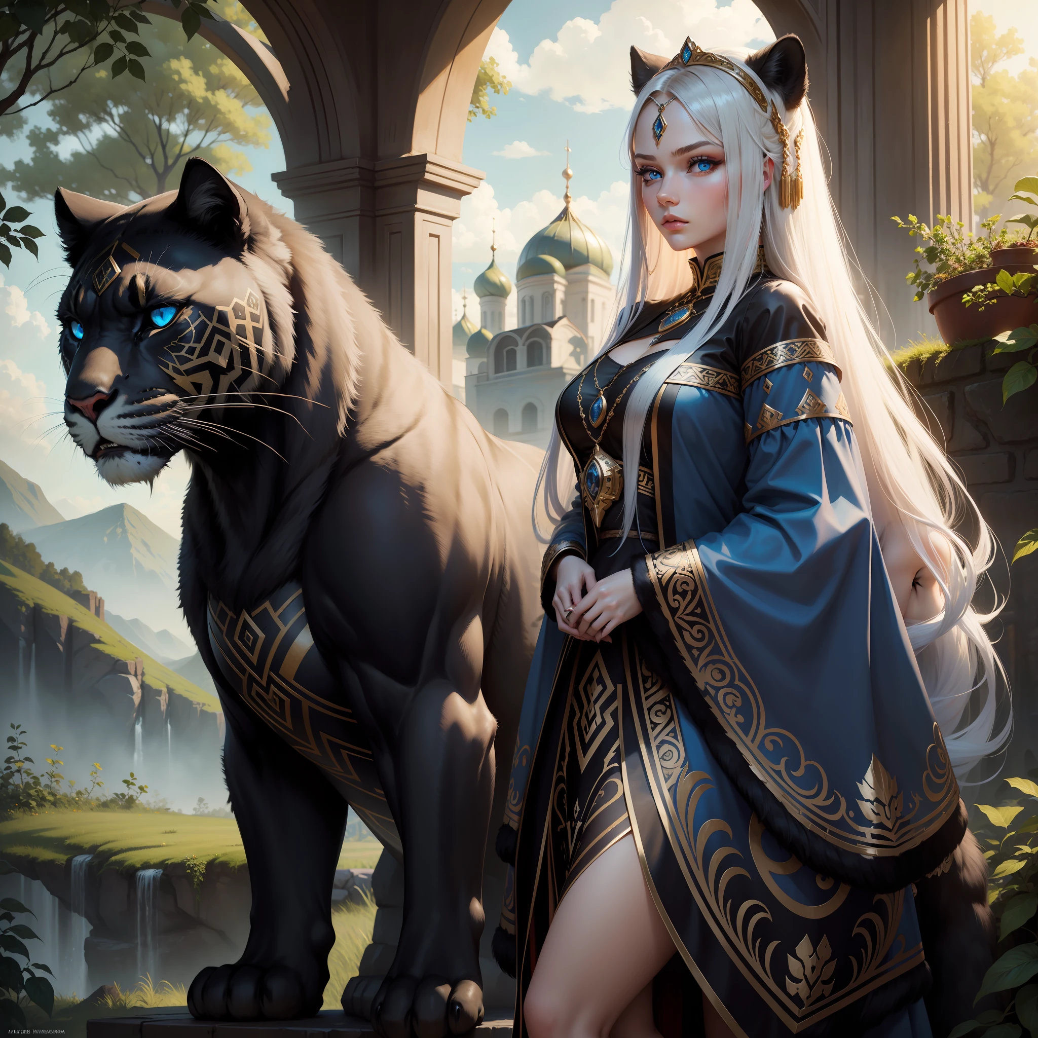Beautiful Russian girl with long hair, and a big panther with blue eyes, jewelry, ultra realistic, nature, landscape, maximum detail