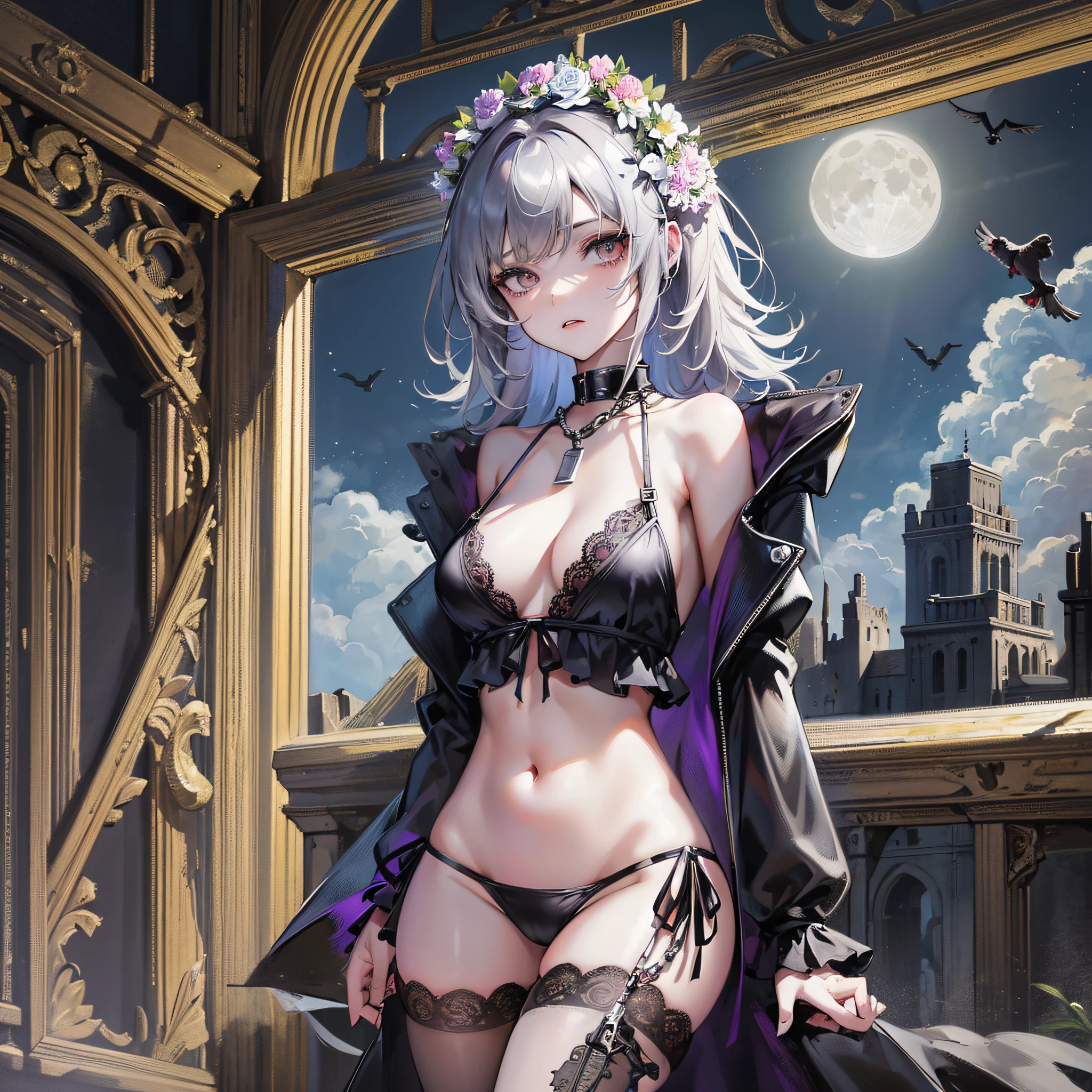 Masterpiece), (Best Quality), Almighty, All-American, All-Moon, (Black Leg), 1girl, (crow), White Chain, Ruins, 1gir, flower, flower, flower, floud_moon, (crow), chain, ruins, 1gir, in flower, black_bikini,1 Girl in lace, navel, maid outfit --auto --s2