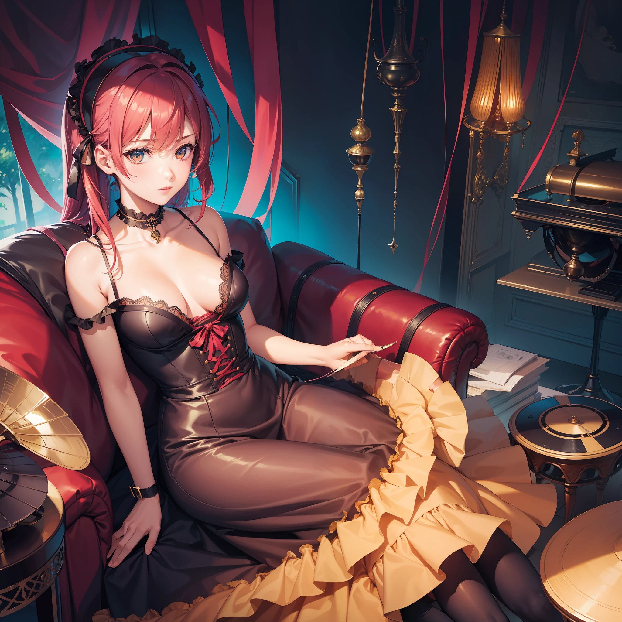 1girl, solo, full body, (masterpiece:1.21), (best quality:1.2), colorful, (illustration:1.2), (cinematic lighting:1.1), (bare shoulders:1.21), (collarbone:1.21) Room in the background, sofa, gramophone, in ta dress, seductive, The feeling of first love