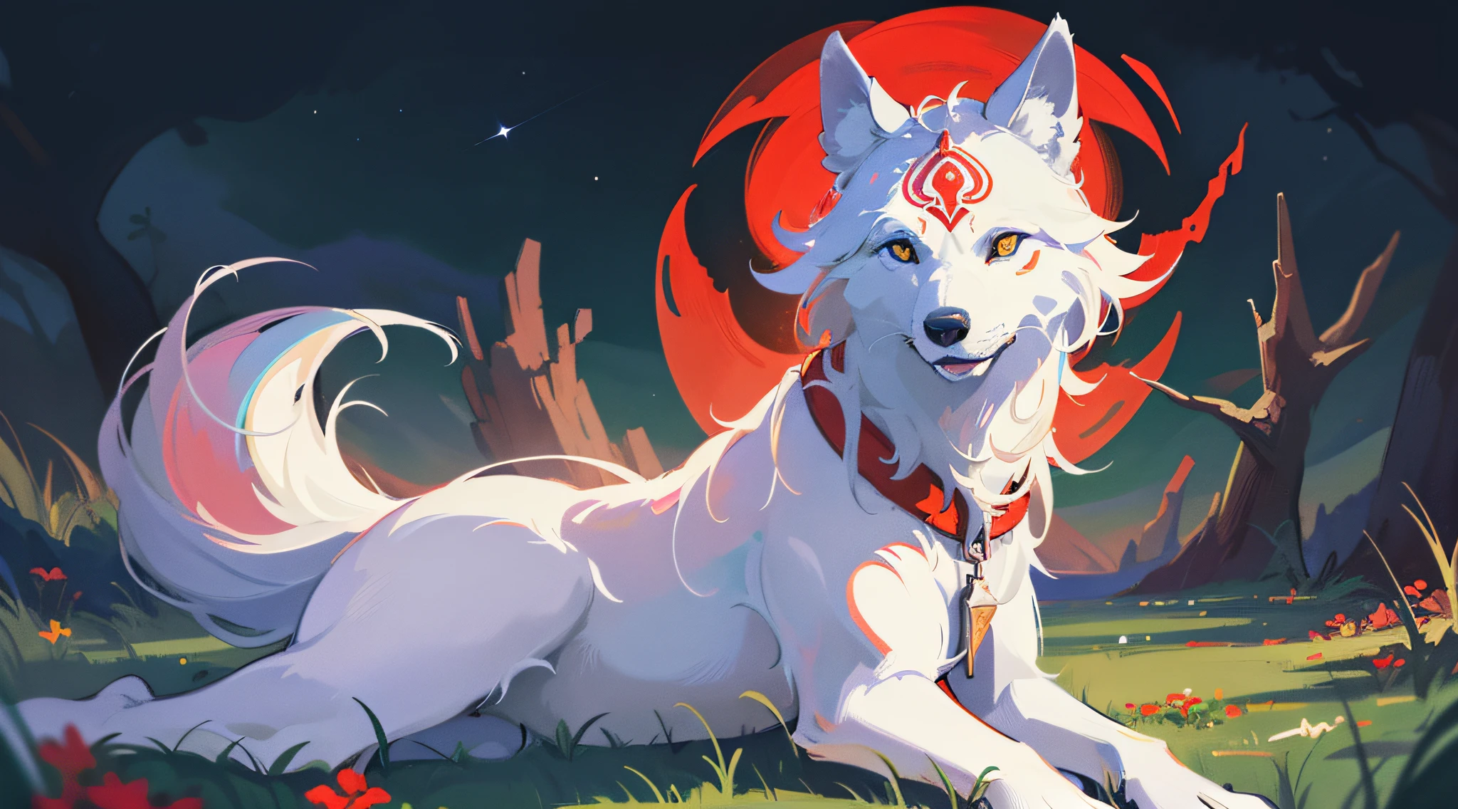 masterpiece, skinny, long asicó, long ears, a white wolf with red deliñado in the eyes, a red crescent on its forehead, very detailed, is sitting on the grass, looks front and full body, night background with a clear and starry sky, bright stars, volumetric lighting, natural moonlight