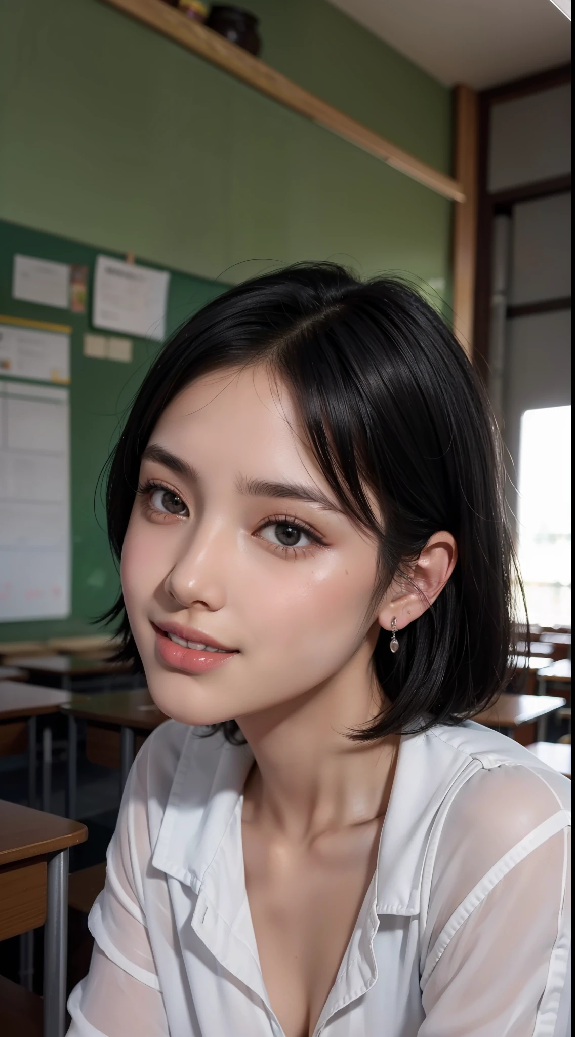 Masterpiece, Top Quality, Raw Photo, Photorealistic, Big, Face Light, Glossy Skin, High Resolution, Ultra Detail, Detail, Detailed Eyes and Face, Sharp Pupils, Smile, Sharp Focus, Shiny Skin, Schoolgirl, Black Hair, Short Hair, Earrings, Classroom, Sexy
