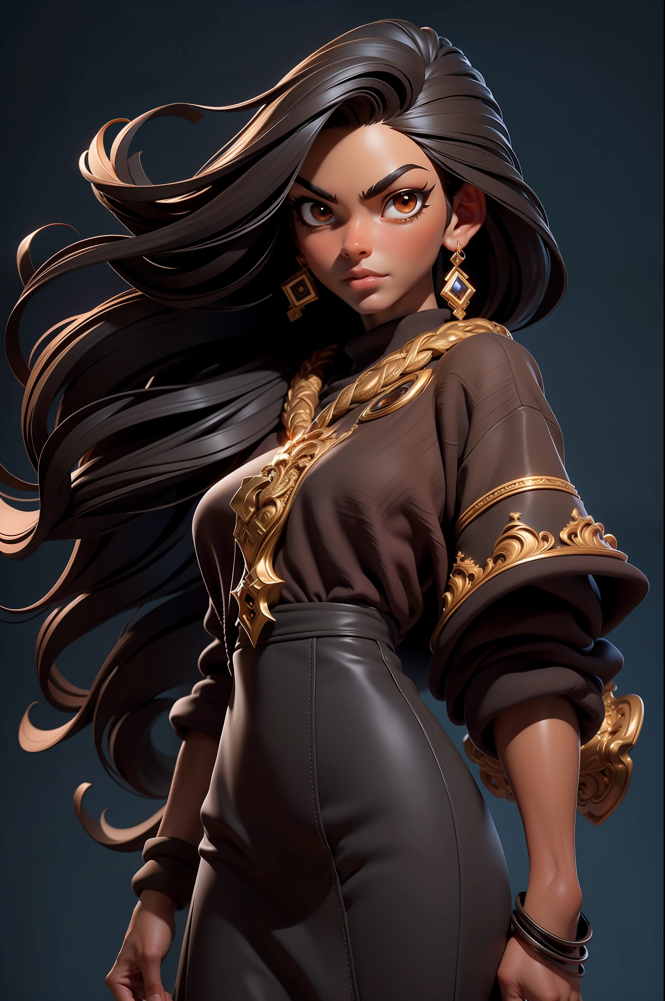3dmm style,(masterpiece, top quality, best quality, official art, handsome and aesthetic:1.2), (fractal art:1.3), 1girl, handsome, high detailed, dark skin, black hair with a hint of brown, brown eyes, dark lighting, serious face, looking the sky, sky, medium shot, blue sweater, jewelry