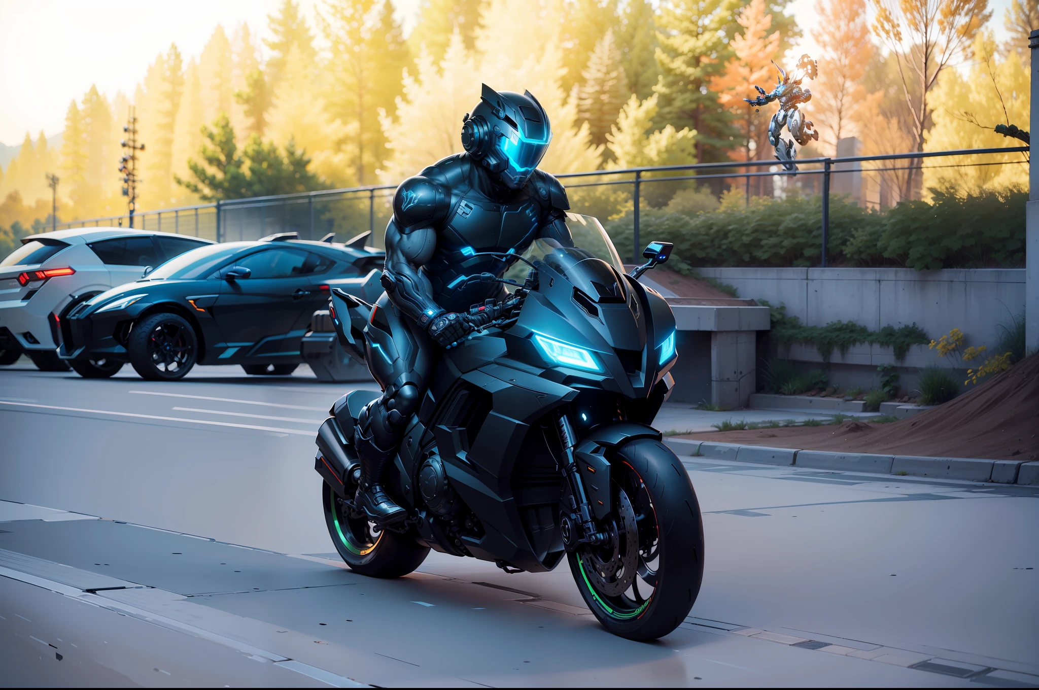 Cyber Muscle Man Warrior and Cyber Mechanical Motorcycle, Full Body Mech and Cyber Helmet on Head, Exquisite Black Tech Helmet, Nousr, Biomechanics, MSHN Robot Man, High Tech Helmet, Hyperreal, Steel, Intricate Design, Crazy Detail, Fine Detail, Extremely Clear Lines, Cinematic Lighting, Photo Realistic, Detailed Masterpiece