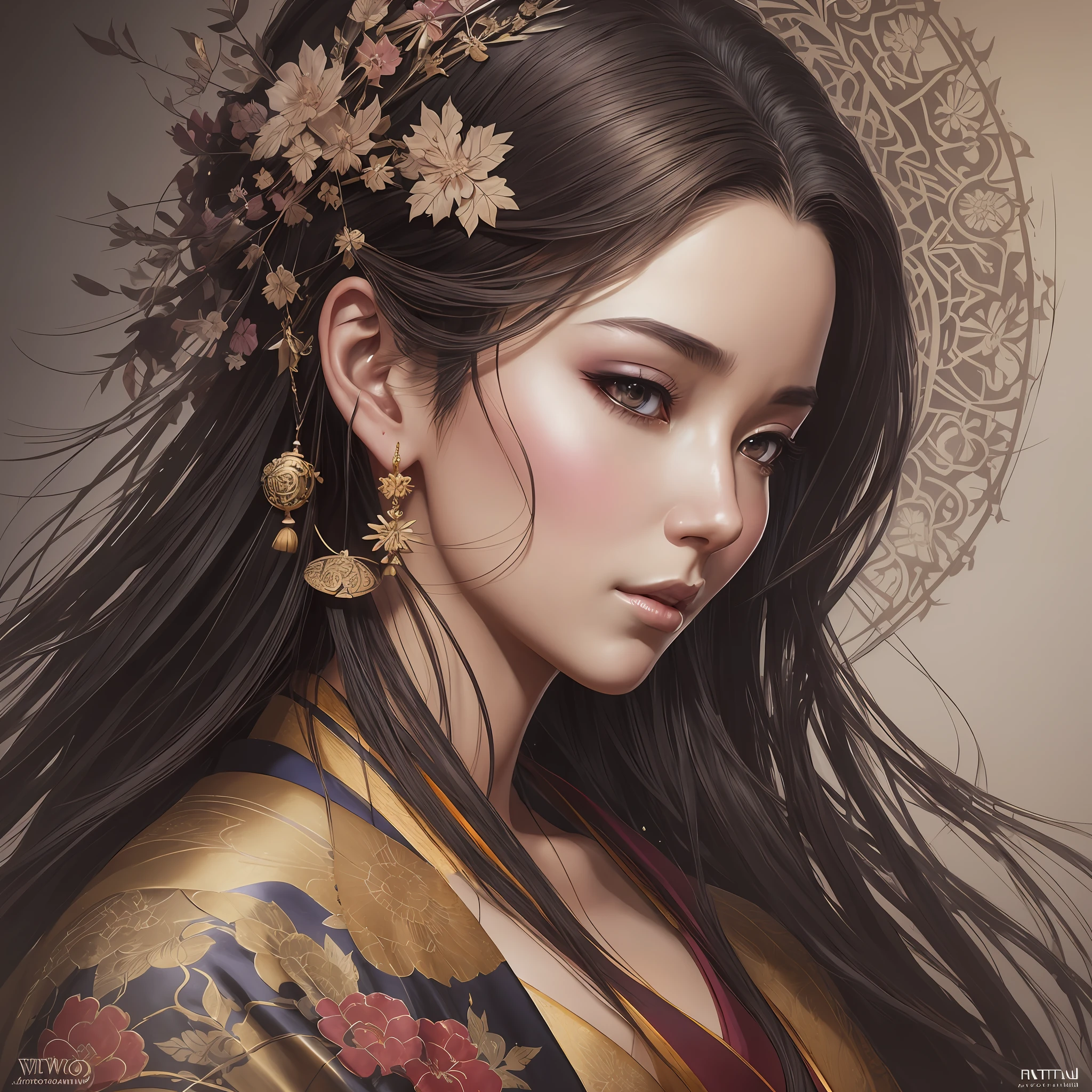 a (photorealistic), (dramatic), (fantasy render), concept art, of a (beautiful female), (queen), wearing a (classical japanese kimono), by wlop, artgerm, greg rutkowski, award winning, masterwork, masterpiece, (((looking away))), gorgeous, flirty. --auto --s2