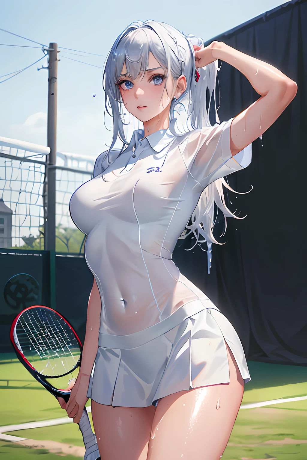 absurd, masterpiece, best quality, realistic, hyper-detailed, (shiny skin, sweaty:1.4), slender, looking at viewer, 1girl, solo, tennis wear, white polo shirt, white sneakers, white miniskirt, long hair, silver hair, blue eyes, (thick thighs:0.5), dynamic lighting, high resolution, sharp focus, depth of field, small breasts , tennis yard background