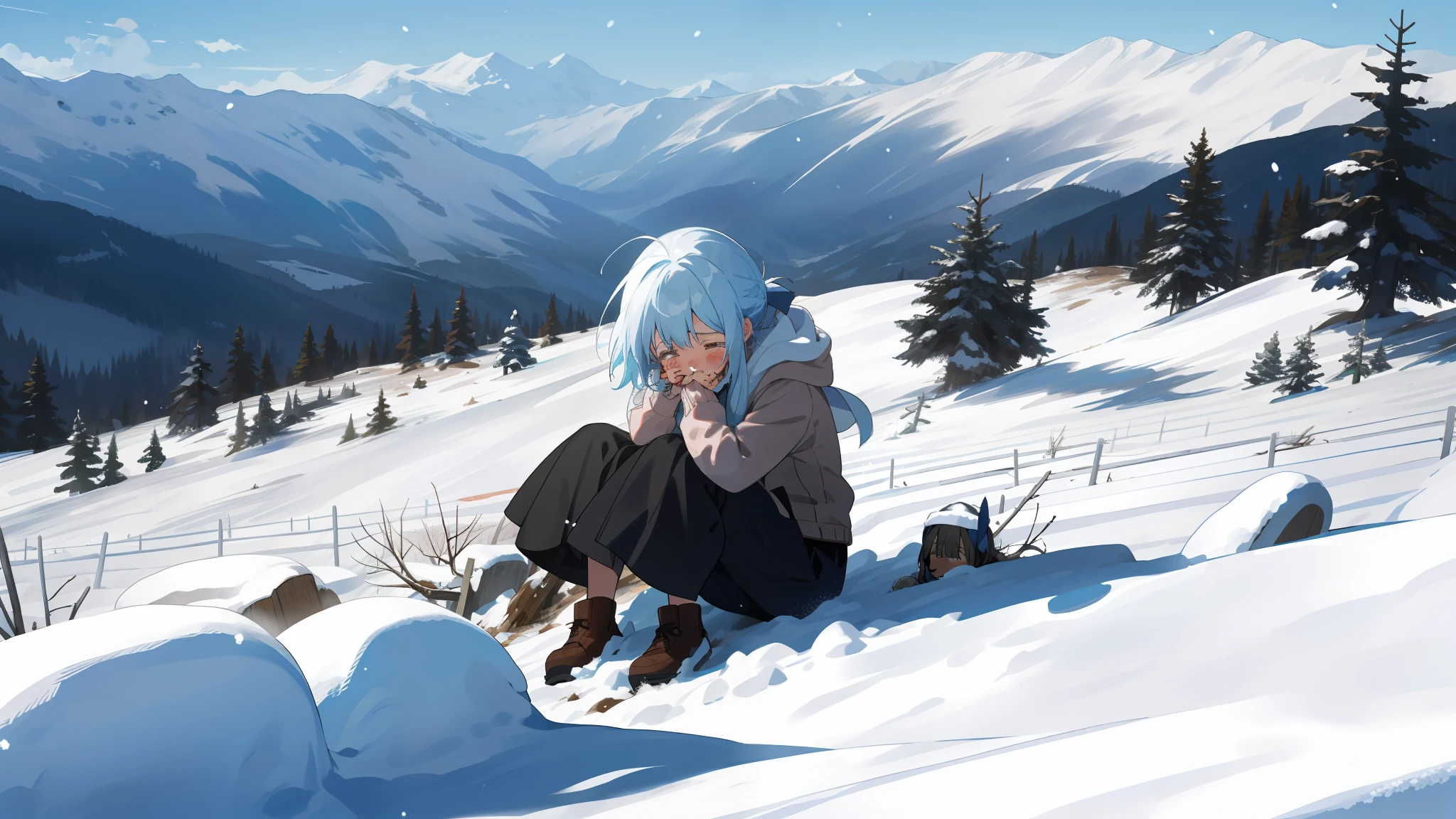 A girl crying in front of her friend grave, snow field in the mountain scenery, anime style