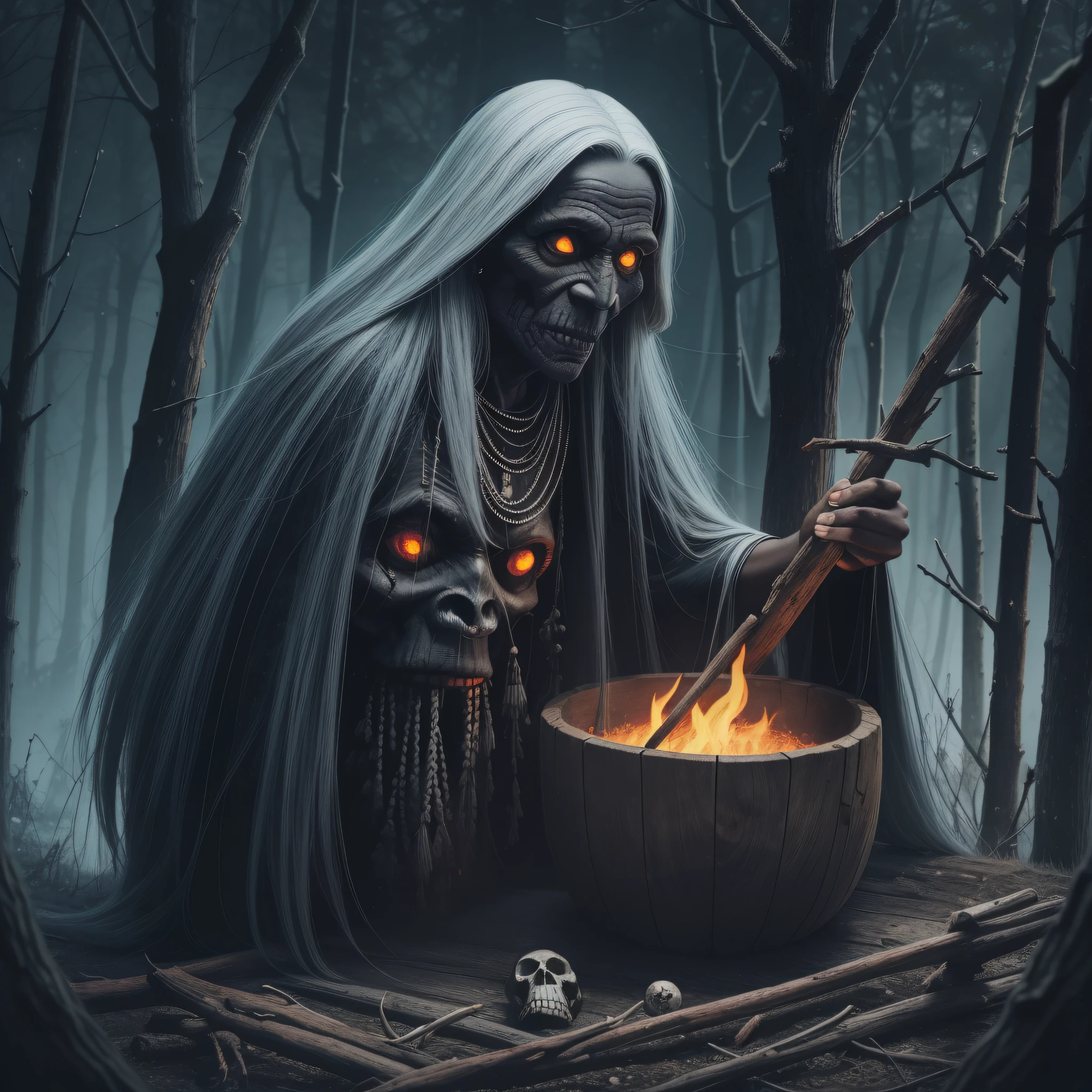 Baba Yaga, a black old woman with a stick-stick and terrible crooked teeth, a woman from Slavic mythology living in a gloomy forest, black trees, darkness, fire, an old wooden house, night, danger, fog, skulls, bones, an old fence, a black raven, a necklace of bones, a cauldron of soup, magic, myth