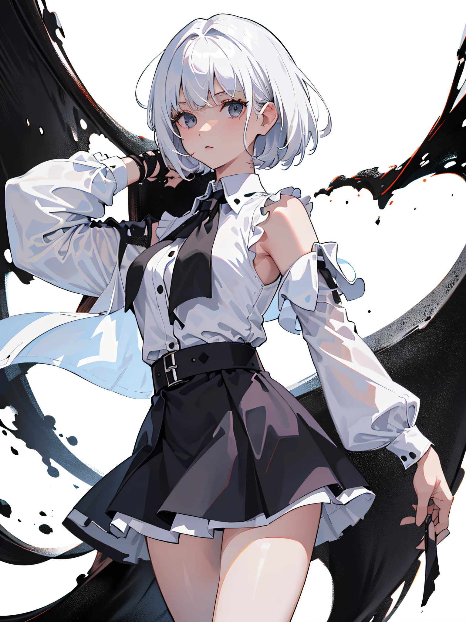 ((masterpiece, best quality)), (2girl), (solo), (female focus), (,white hair, short hair), black eyes, ((white shirt), (buttoned shirt), ((black skirt), (short skirt), standing, white background, arms behind,