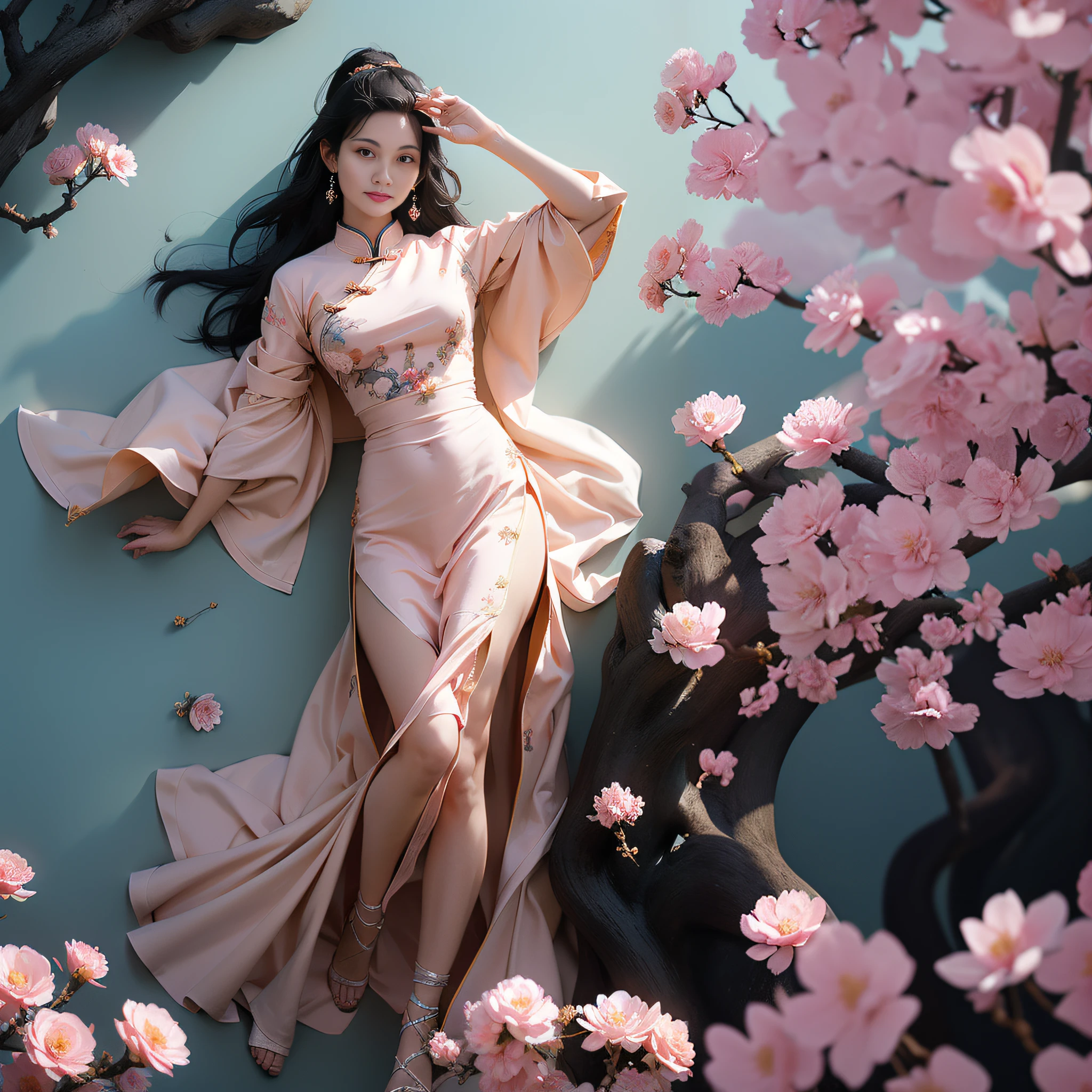arafed woman in a pink dress laying on a tree with pink flowers, flowing sakura silk, flowing sakura-colored silk, with acient chinese clothes, cheongsam, inspired by Chen Yifei, inspired by Xie Sun, oriental fantasy, chinese dress, gorgeous chinese model, chinese costume, palace , a girl in hanfu, ross tran 8 k