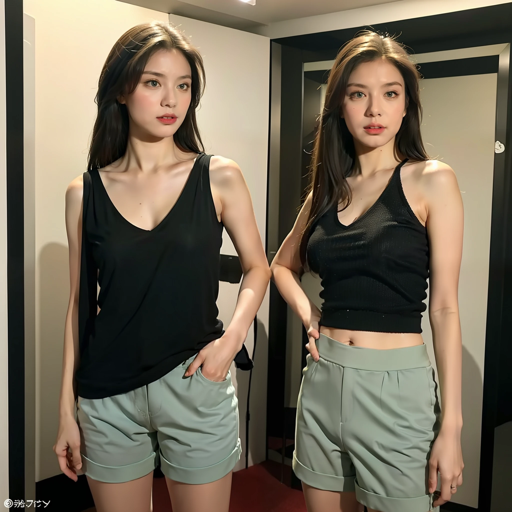 Best Quality, Masterpiece, Ultra High Resolution, (Realisticity: 1.4), Original Photo, 1 Fascinating Girl, Green Eyes, Bare Shoulders, Deep V, Open Waist, Hot Pants, Discussion Fitting Room, Fitting Cinema Lighting