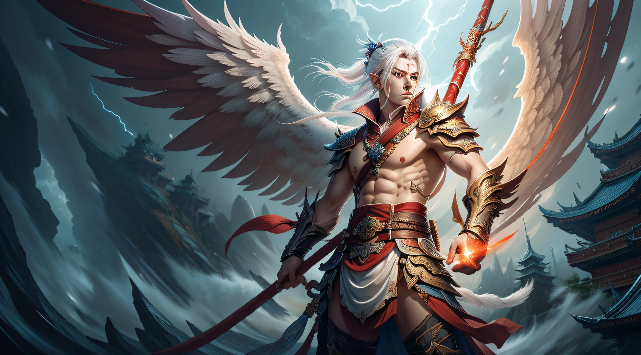 Masterpiece, Superb ,, Holding a Long Stick, CGI Anime Fantasy Art Artwork, Thunder Zhenzi, Onmyoji Detailed Art, Anime Fantasy Illustration, Bird Warrior, With a Half-Face Mask, Has a Pair of Wings, Full Art, Lightning, Sky, Cold Boy , Wearing a Samurai Skirt, White Hair, Red Skin, Naked Upper Body