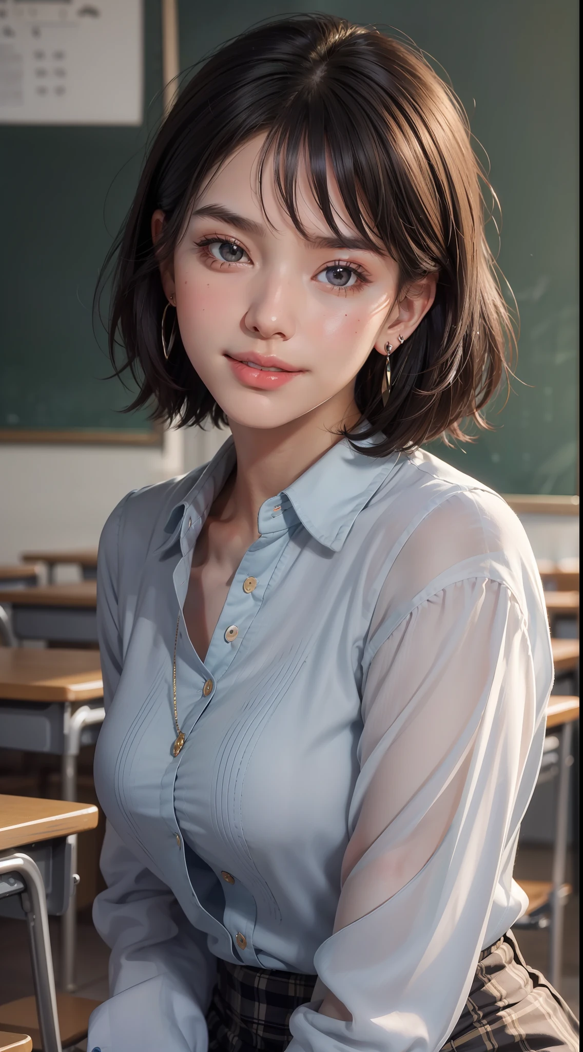 masterpiece, best quality, raw photo, photorealistic, big, face light, shiny skin, high resolution, super detail, detail, detailed eyes and face, sharp pupils, smile, sharp focus, shiny skin, girl, black hair, short hair, earrings, classroom