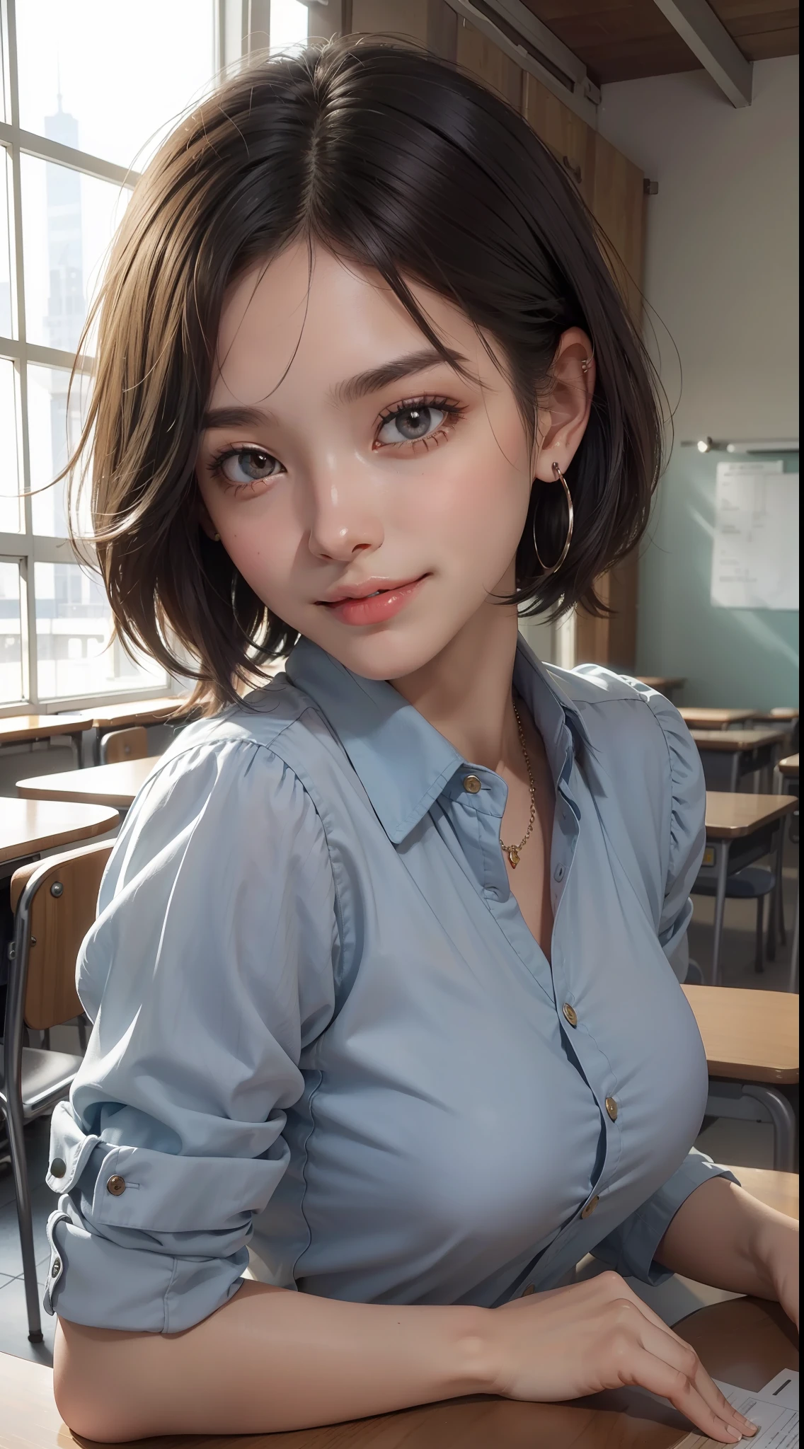 masterpiece, best quality, raw photo, photorealistic, big, face light, shiny skin, high resolution, super detail, detail, detailed eyes and face, sharp pupils, smile, sharp focus, shiny skin, schoolgirl, black hair, short hair, earrings, classroom