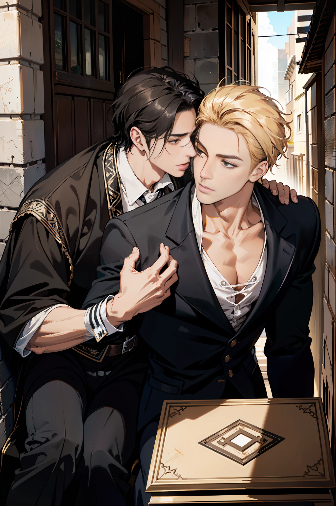 (absurd, HD, super detailed), 2 men, handsome, tall muscular man, one of them extremely short black hair, kiss hand gift, the other medium long hair blonde, best light and shadow, background is back alley, details sunny, sitting, (Dutch corner), closed mouth