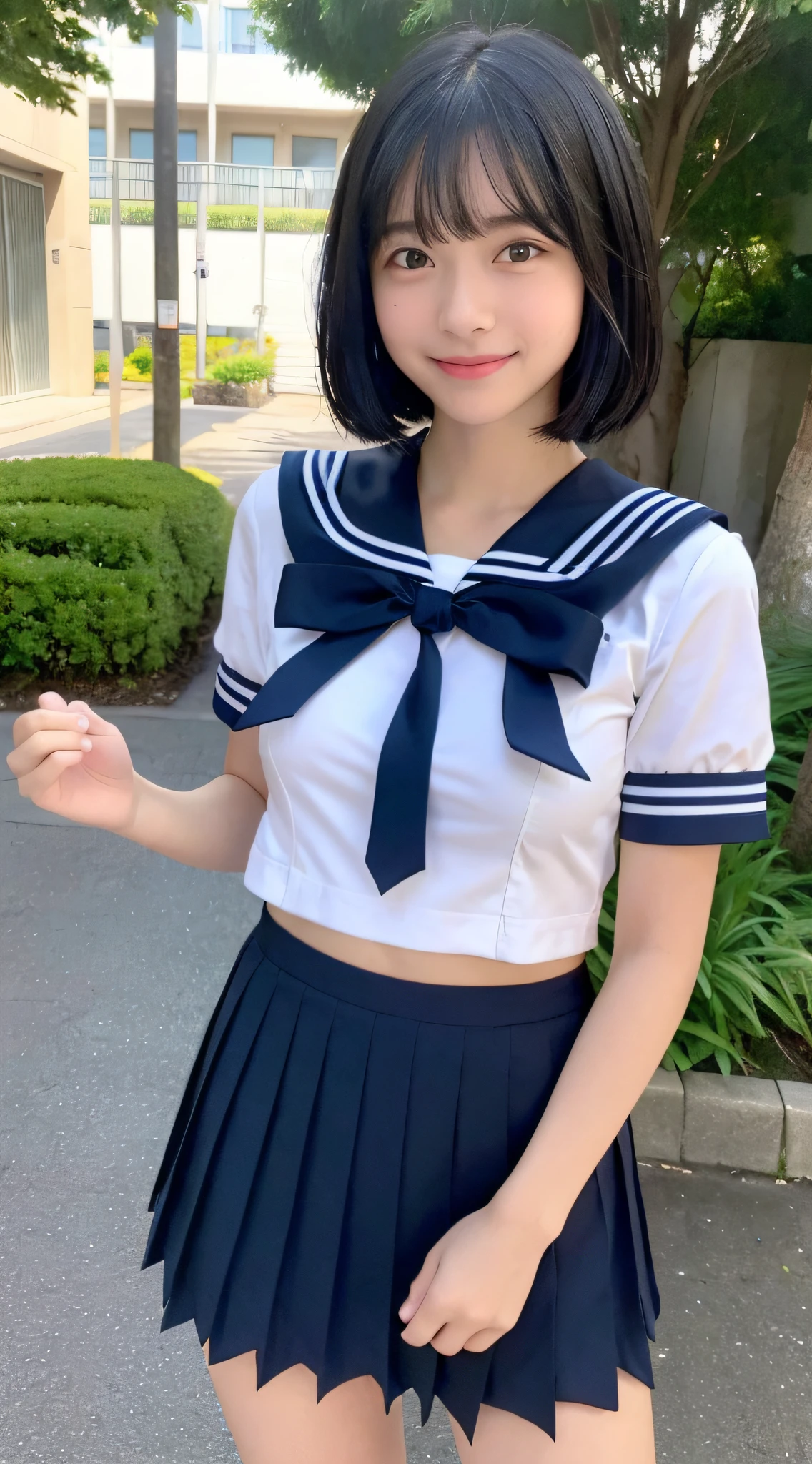 ((Top Quality, 8k, Masterpiece: 1.3)), Sharp Focus: 1.2, Pretty High School Girl with Perfect Figure: 1.4, Slim Abs: 1.2, ((Black Hair Layered Haircut, Beautiful: 1.2)), (White Sailor School Uniform: 1.5), (Rain, Street: 1.2), Wet Body: 1.5, Highly Detailed Face and Skin Texture, Detailed Eyes, Smile, Bangs, Baby Face, (Super Cute Face: 1.5), Nogizaka46, AKB48, , neat, ((lover's point of view)), (beautiful legs), genki, navy blue uniform skirt, slim figure, constricted waist, ((short sleeves)), date,