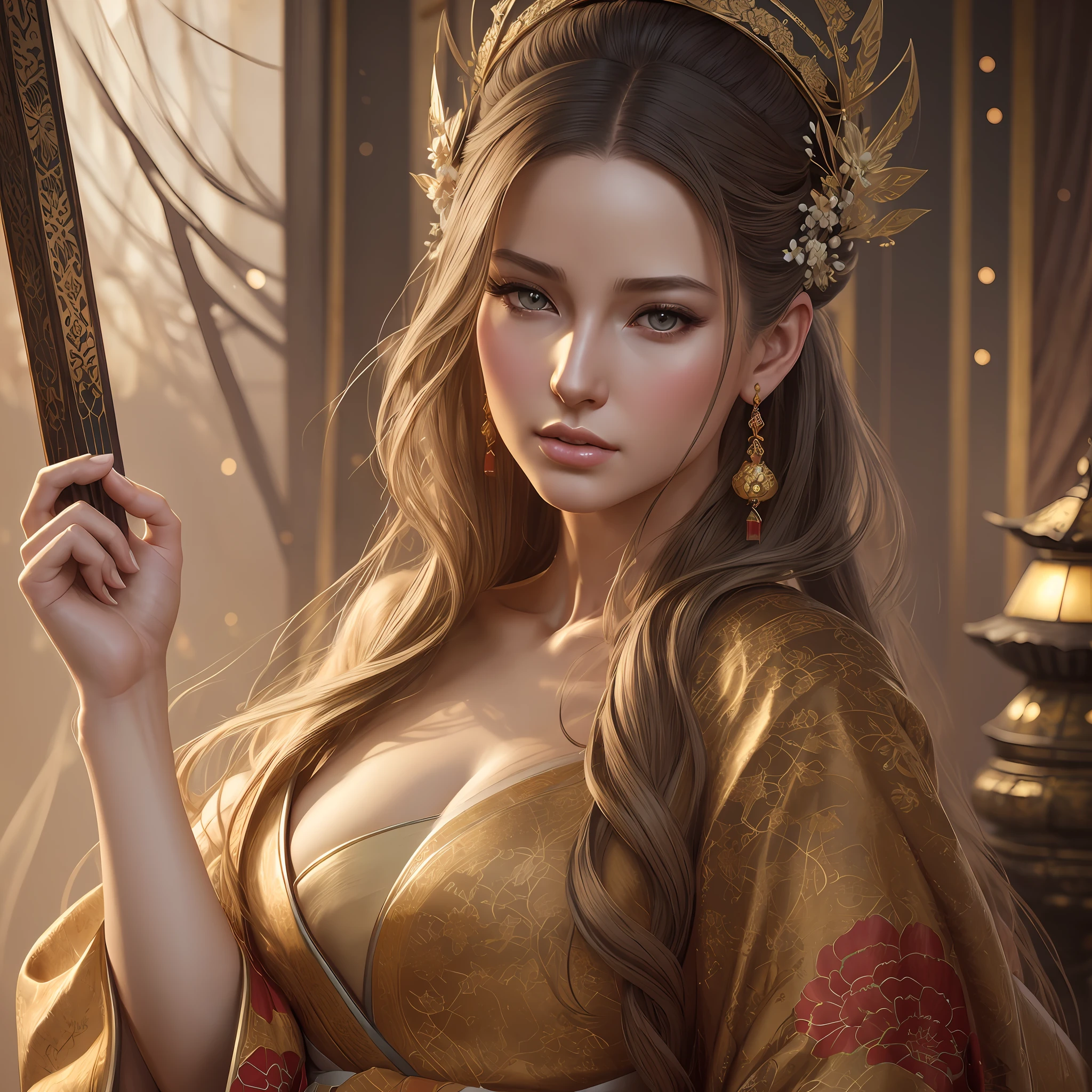 a (photorealistic), (dramatic), (fantasy render), concept art, of a (beautiful caucasian female), (queen), wearing a (classical japanese kimono), by wlop, artgerm, greg rutkowski, award winning, masterwork, masterpiece, gorgeous,sexy, flirty. --auto --s2