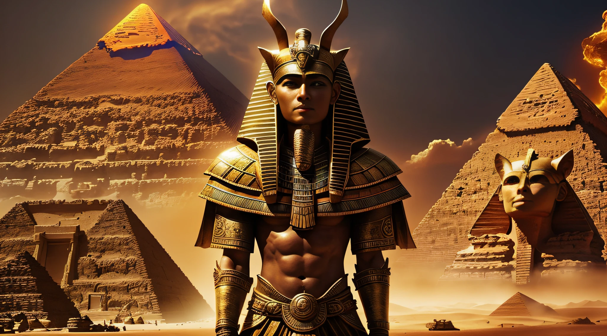 Based on the original god character Saino, there should be Egyptian elements (such as pyramids or mummies) with gorgeous, eye-catching special effects, and sandstorms in the background --auto --s2