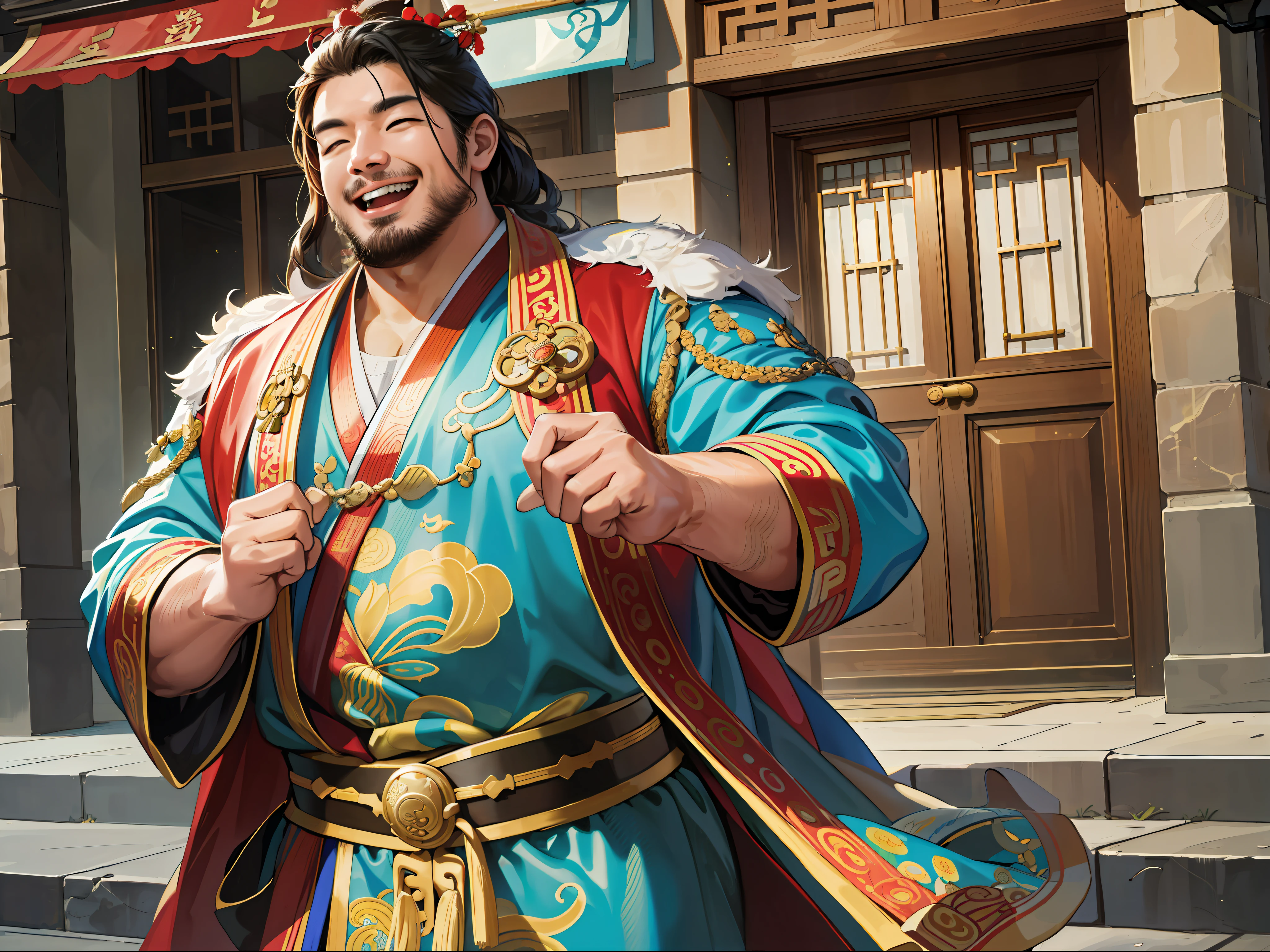 (absurd, high resolution, super detailed, realistic,), 1 fat man, robe, rich man, street, happy, laughing, one-handed waist crossed, tang dynasty style, super high resolution, 8K
