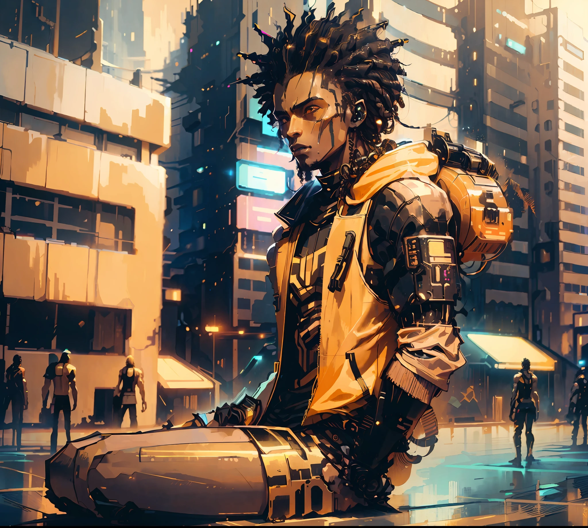 Cyberpunk, man, afro-brazilian, skinny, 8k, realistic, futuristic city, basketball court, high quality, hair(twist,) black hair, orange and gold, black guy, robotics arm, roupas largas, upgrades,