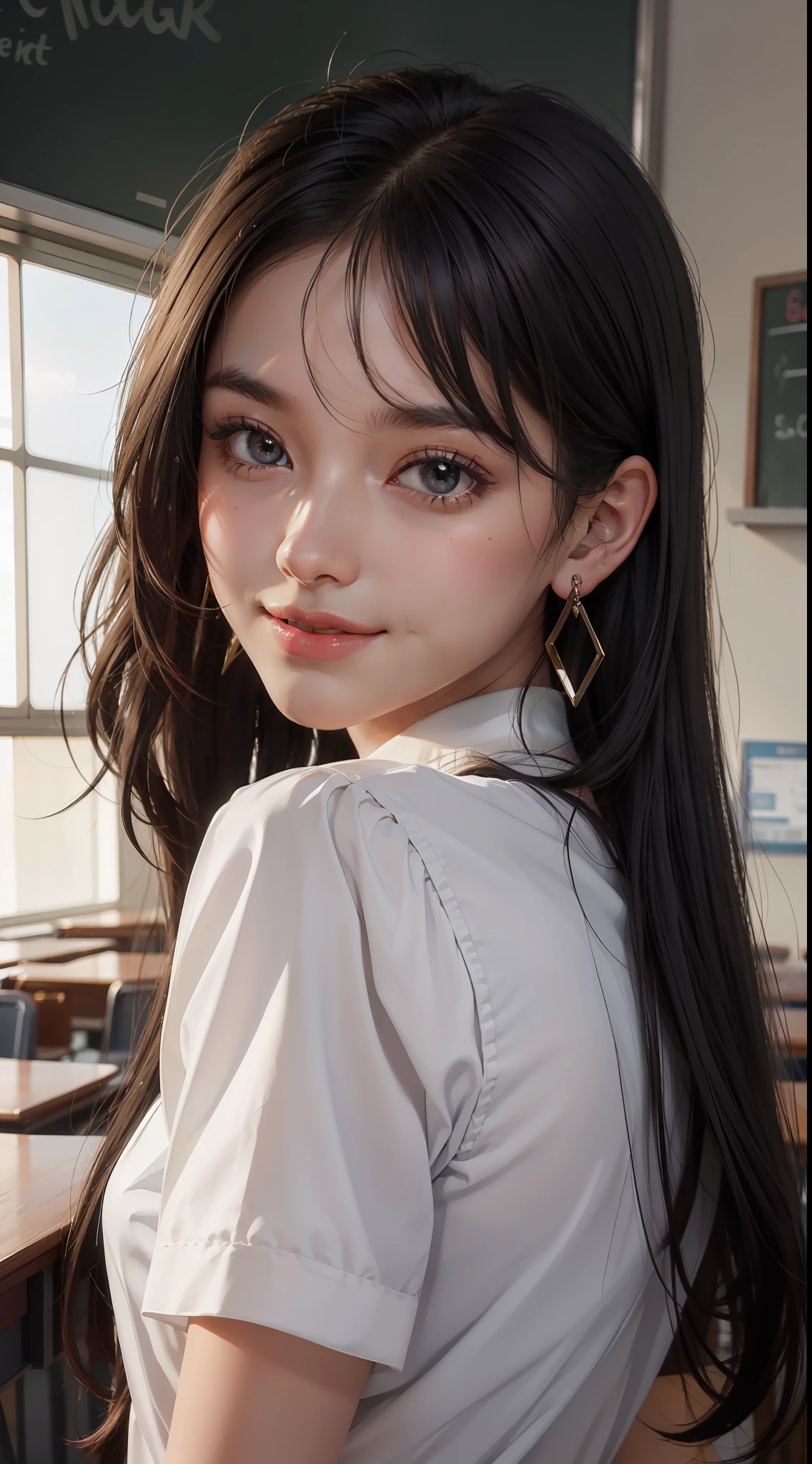 masterpiece, top quality, raw photo, photorealistic, big, face light, shiny skin, high resolution, super detail, detail, detailed eyes and face, sharp pupils, smile, sharp focus, shiny skin, schoolgirl, black hair, long hair, earrings, classroom