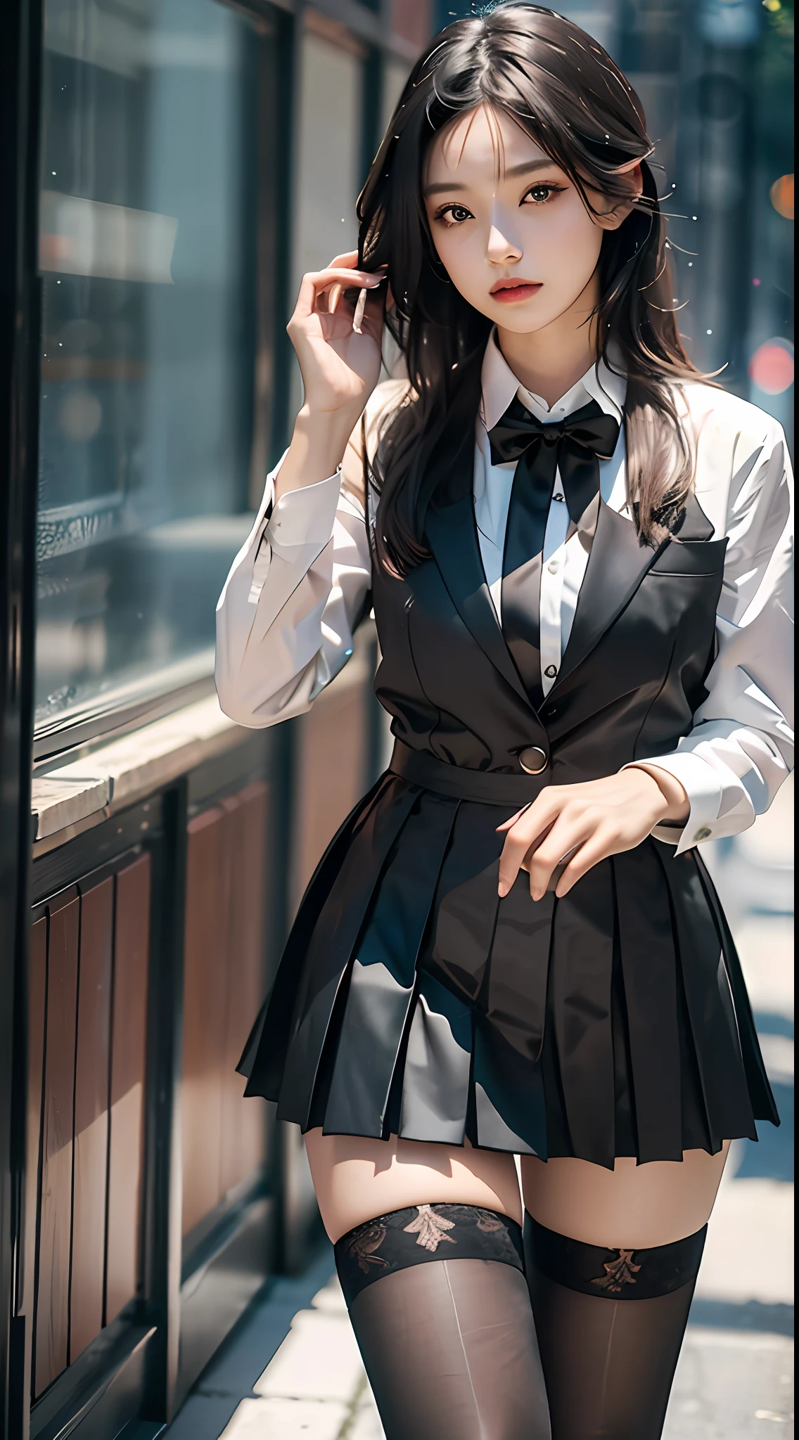 best quality, masterpiece, 1 girl, beautiful face, (photo photo-realistic:1.3), edge lighting, (high detail skin: 1.2), 8k ultra hd, DSLR, high quality, high resolution, 4k, 8k, bokeh, ridiculous, best ratio four fingers and one thumb, (realistic:1.3), cute 1girl, wearing black formal blazer, medium breasts, white shirt, black tie, pleated skirt, black silk, black stockings, PerfectNwsjMajic