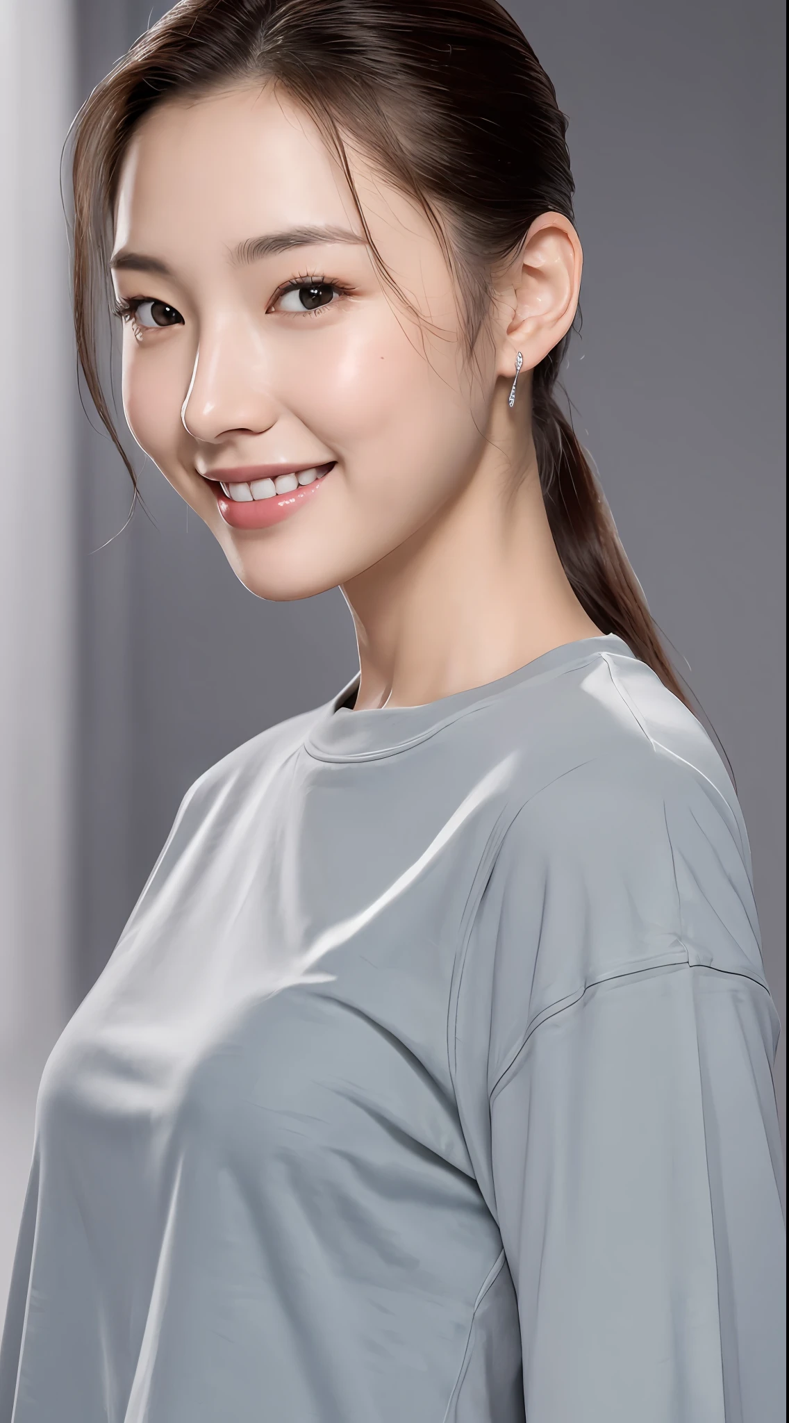 8k, best quality, masterpiece, realistic, ultra detail, photography, HDR, ROW photo, highres, absurdres, studio light, official art, depth of field,
full body, slender, cute face, smile, beautiful details eyes, 19years old korean, pretty, Slicked back ponytail with silver color,
road, casual,