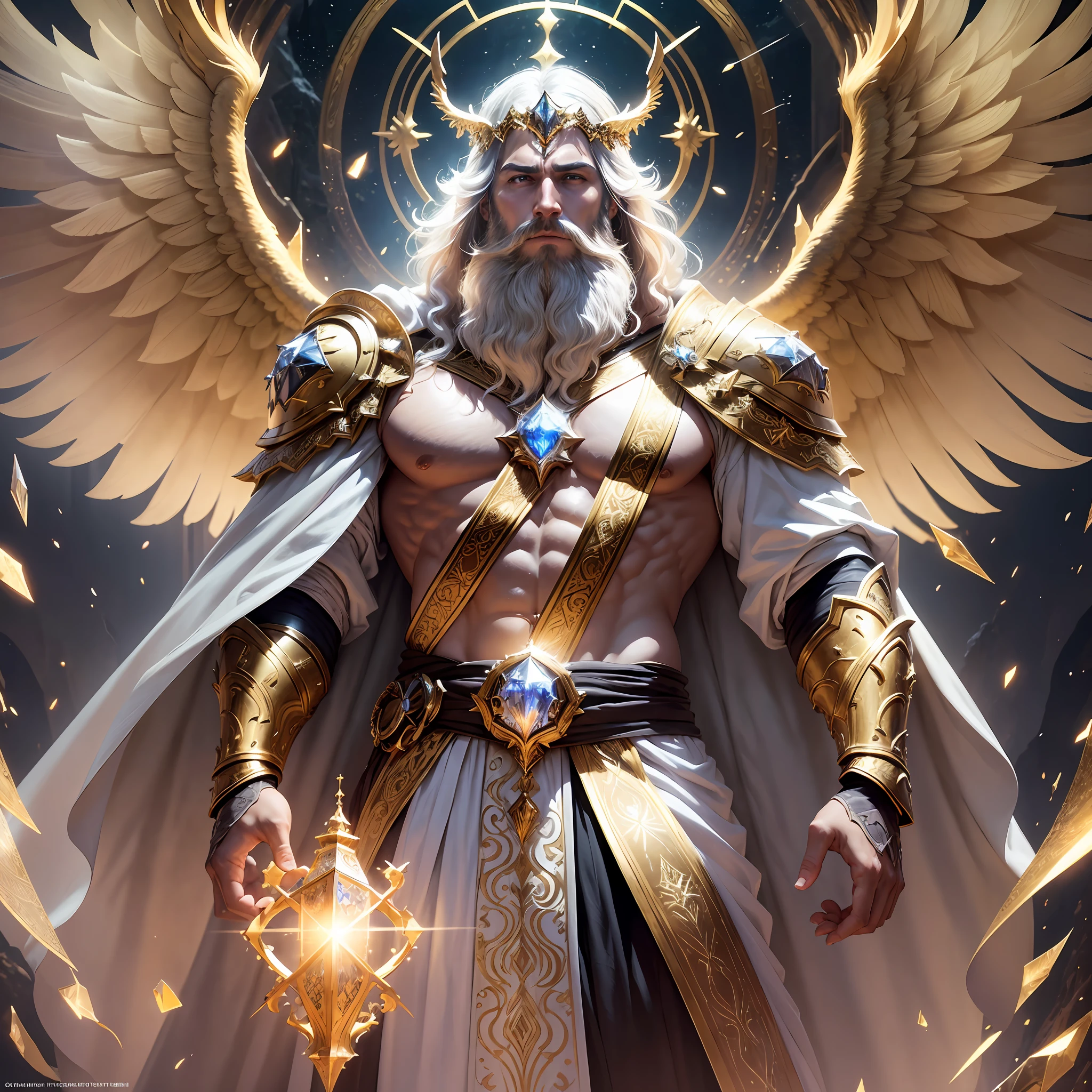 super high resolution, best quality, photos, 8K, (lifelike: 1.2), cinematic lighting, A man with a bird's head, a bearded giant in a bright white robe, floating on a crystal throne, floating on a crystal cloud, yellow eyes, bright yellow light emanating from the throne, gemstones floating in the sky, God, a beam of light shrouds his body, The crystal throne has large translucent feathered wings with wings spread, Golden light above the head (aura: 1.2), abdominal muscles wearing medieval golden armor, beard, masculinization, darkness, masterpiece, best quality, intricate details, snow environment and crystal in background, crystal cathedral, futuristic portal, 3D light, HD, magic, light god, backlight, detailed face, fear, depth of field, soft lighting, tone mapping, high detail, concept art, smooth, clear focus, dramatic lighting, highly detailed art, film, 8K, Amazing shadows (highly detailed background: 1.2) --auto --s2