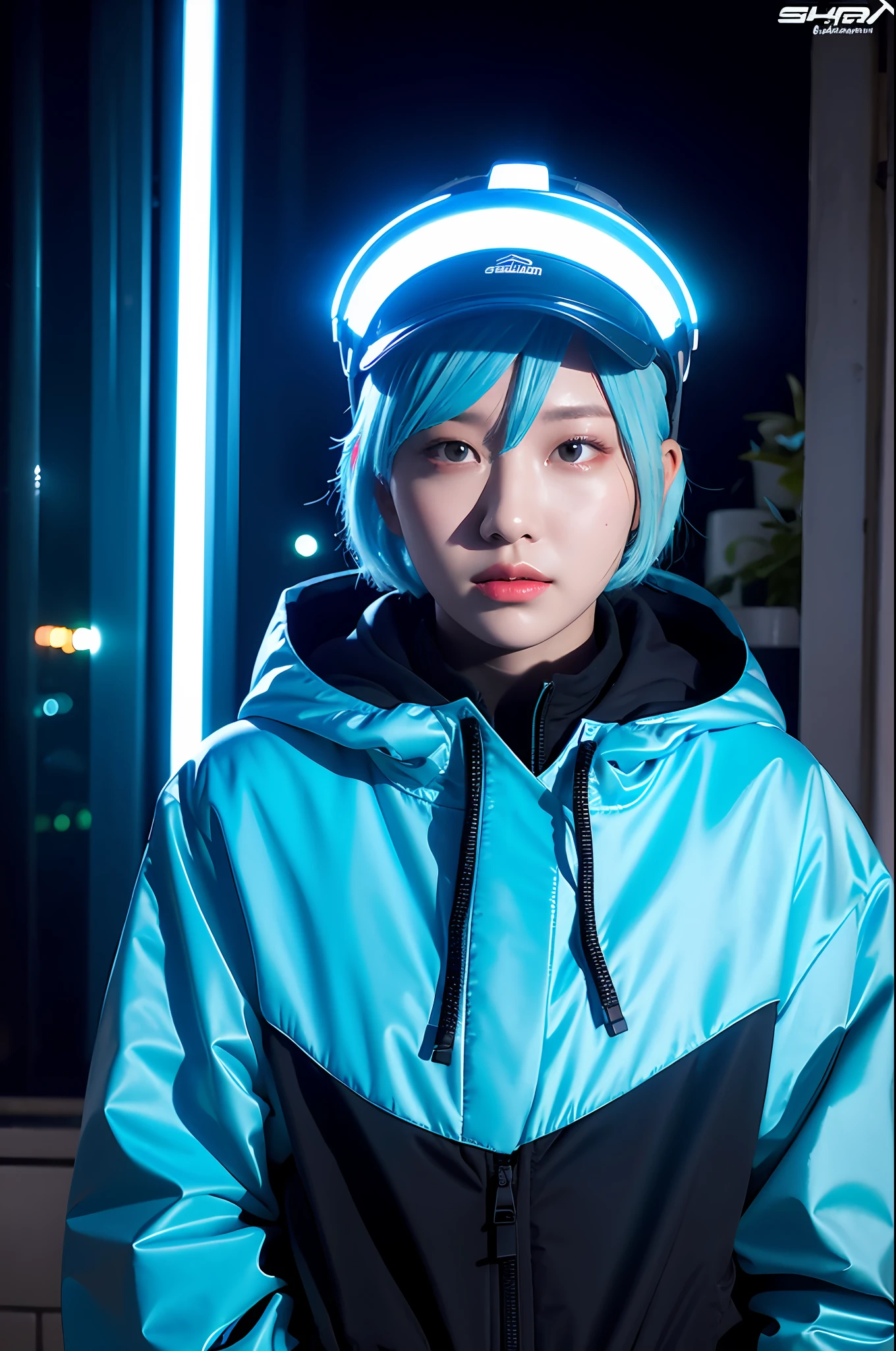 1girl, lady with cybernetic parts, glowing visor, short light blue hair, techwear, oversized black jacket, skyscraper outdoors, neon rim light, night, rain, volumetric lighting, best quality, masterpiece, realistic