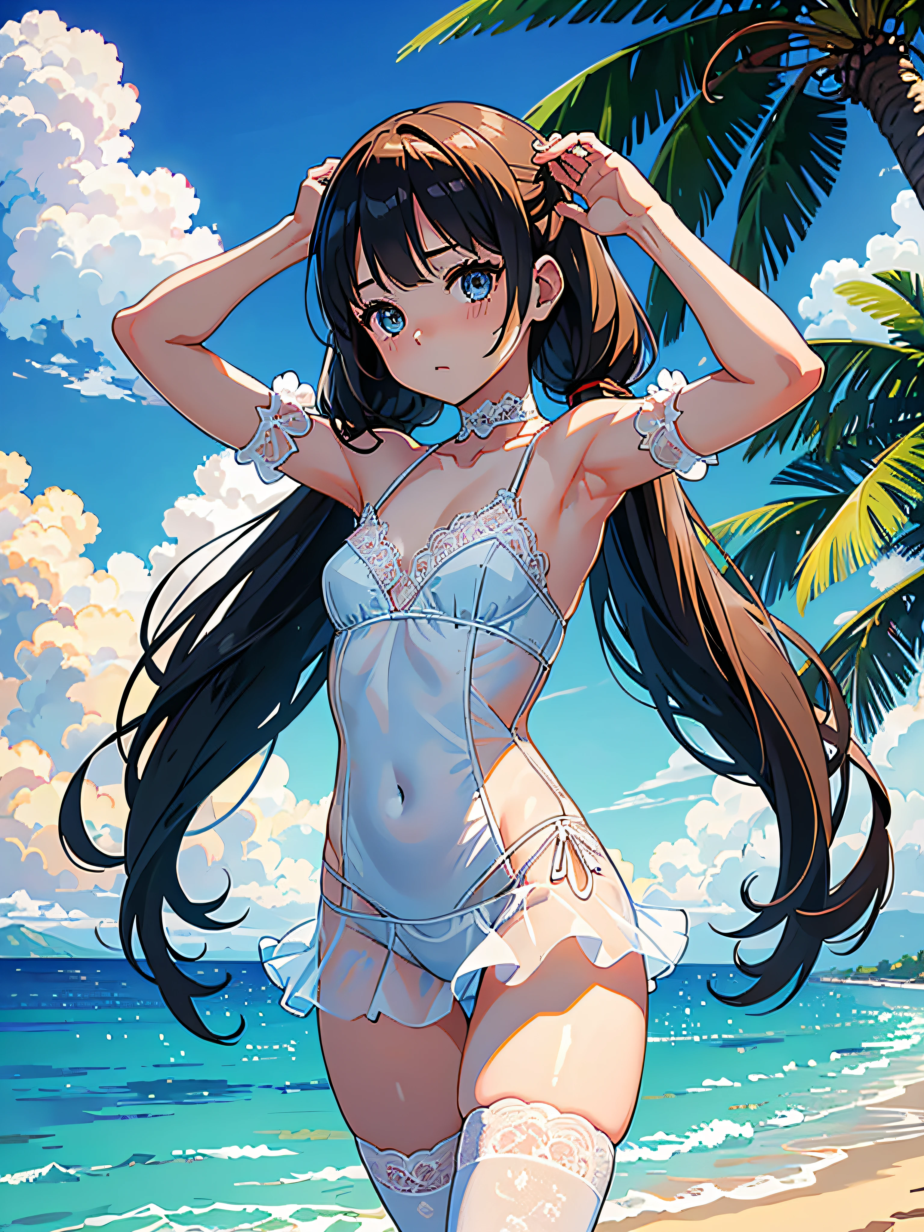 Sun, sandy,、、、vague, detailed background, sunshine, coconut trees, sunny, (see-through silhouette: 1.8), cowboy shot, perfect, (RAW photo, top quality, 1), ultra high resolution, (realistic,,、 photorealistic: 1.75), one young girl wearing small breasts ((translucent one of white lace -)), watch the viewer, bottomless, (wet body) Curved thighs, (((arms raised: 1.1)), (transparent silhouette: 1.4), (ultra-detailed eyes, clear silhouette, big eyes, (ultra-thin body: 1.2), skindentation, (twin) tail: 1.0), (long)), (lace choker), blushing face, seductive vision, blush face, ((lace white knee-length stockings)), ultra detailed lace, detail ruffles, Perfect detail face,