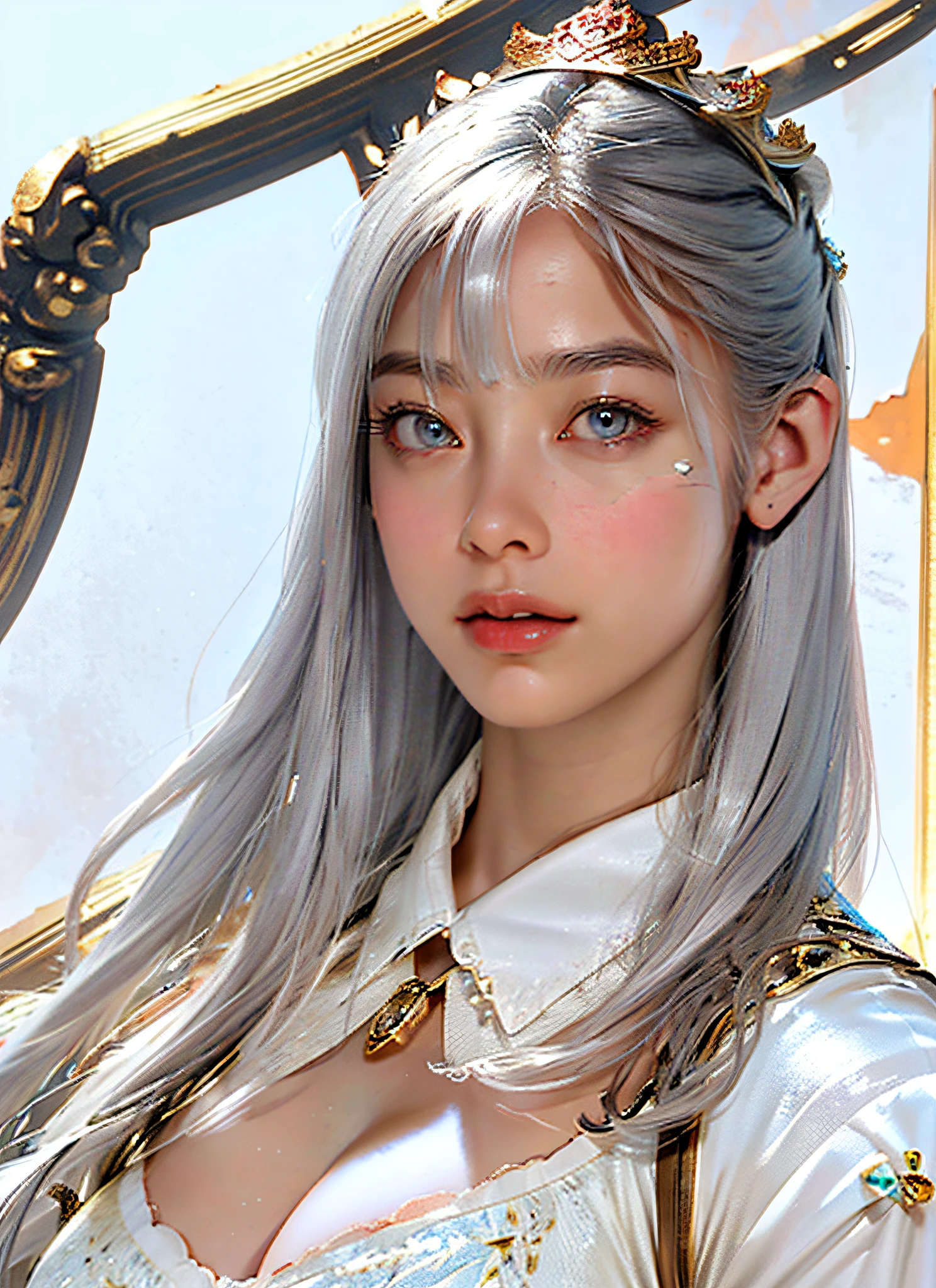 Ultra detailed complex 3d rendering of face, (big: 6.8), huge breasts, red bra, long hair, watch viewer, , parted lips, (shiny skin),realistic sensual gravure idol, (cleavage), intricate details, beautiful porcelain profile super detailed complex 3d rendering of face, light effects, super detailed big crown decorated with jewels: 1.2), big,, (bra blue), sexy swimsuit, (surreal), (ultra-real), (high resolution), (8K), (very detailed), (beautiful detailed eyes), (best quality), (ultra detailed), jewels with intricate details (), (glamorous black armor: 1.4), 1 girl, solo, long hair, wind, gorgeous face, top quality, masterpiece, maximum detail, diffused lighting, (gray hair: 1.3), Valhalla Valkyrie, mechanical arm, beauty, facial muscles