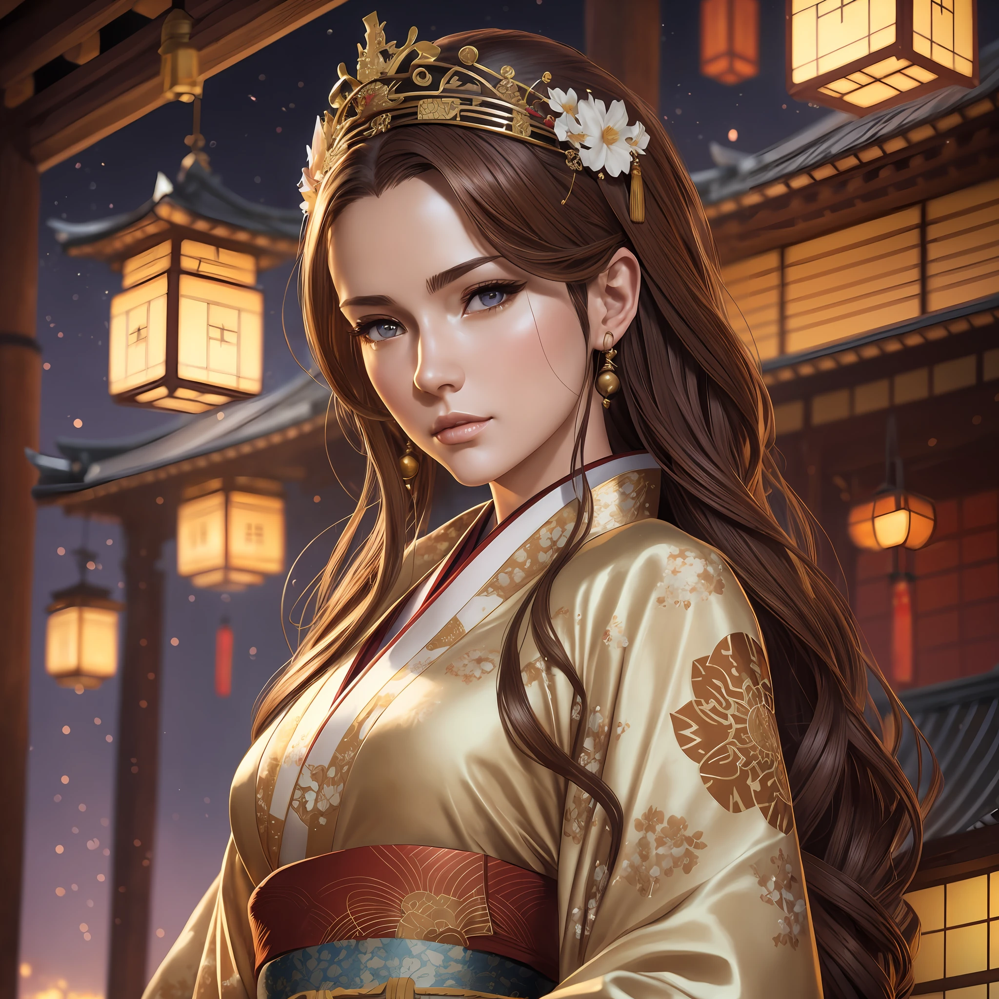a (photorealistic), (dramatic), (fantasy render), concept art, of a (beautiful caucasian female),brown hair. (queen), wearing a (classical japanese kimono), by wlop, artgerm, greg rutkowski, award winning, masterwork, masterpiece, gorgeous,sexy, flirty. Night time. Lanterns. --auto --s2