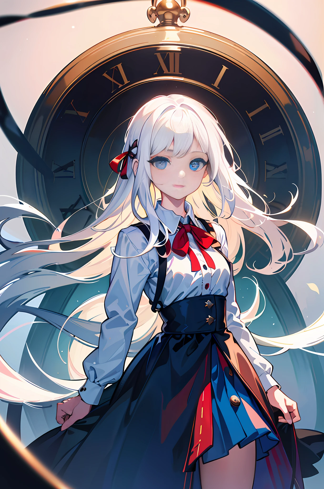 (detailed beautiful eyes and detailed face, masterpiece side light, masterpiece, best quality, detailed, high resolution illustration), (1 girl, beautiful girl, shiny skin), (flowing white hair, blue eyes, red skirt, ribbon, button shirt), empty background, (standing)